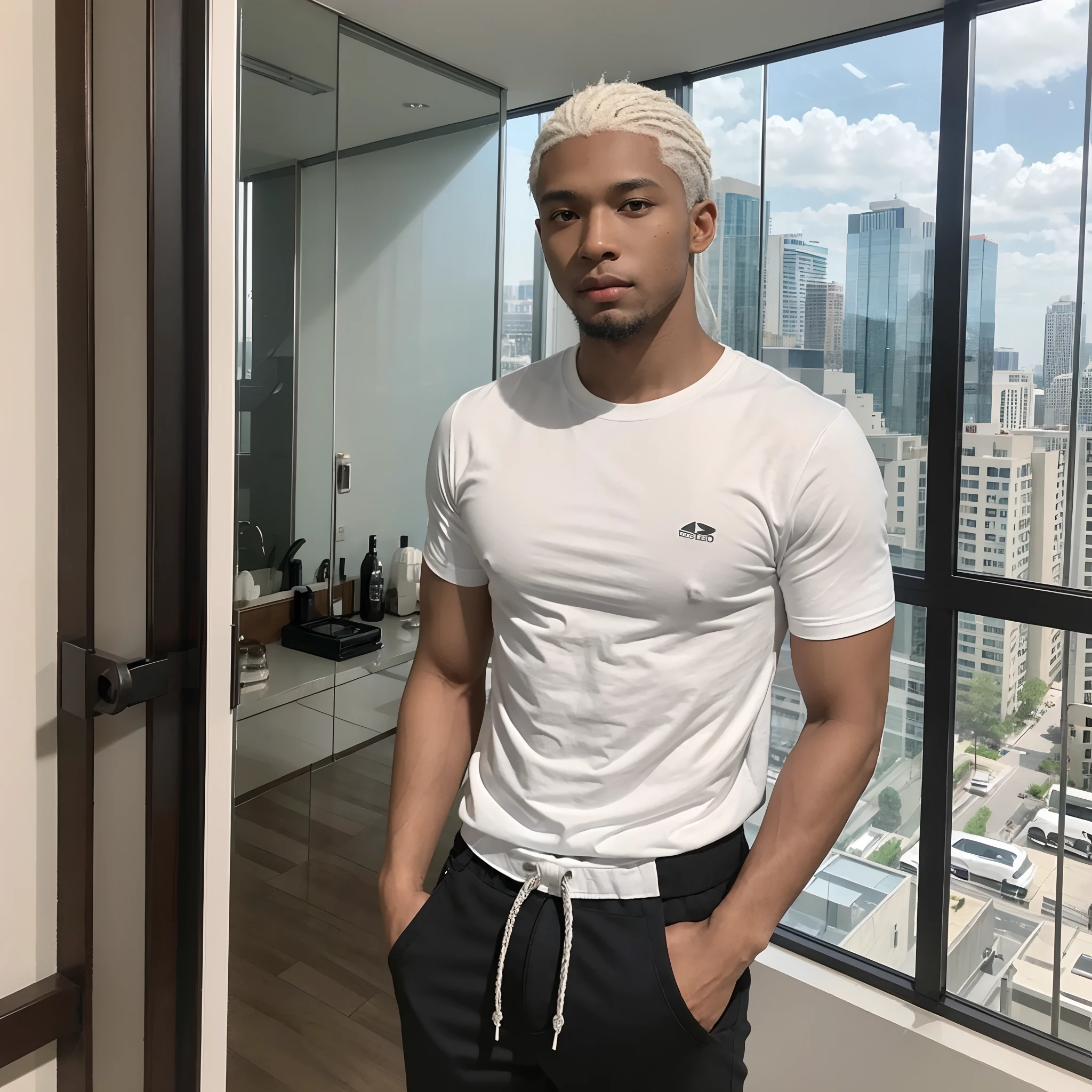 A Handsome 27 Yrs Old black male, young, American (African-American), dark skin tone. He has White hair, hair is white, platinum hair, pale hair. He is beardless, Eye Color is Brown, Athletic Body, Average Athletic Chest, standing, posing, casual wear, high rise apartment setting, glass walls, day time, photorealistic, very detailed, close-up shot