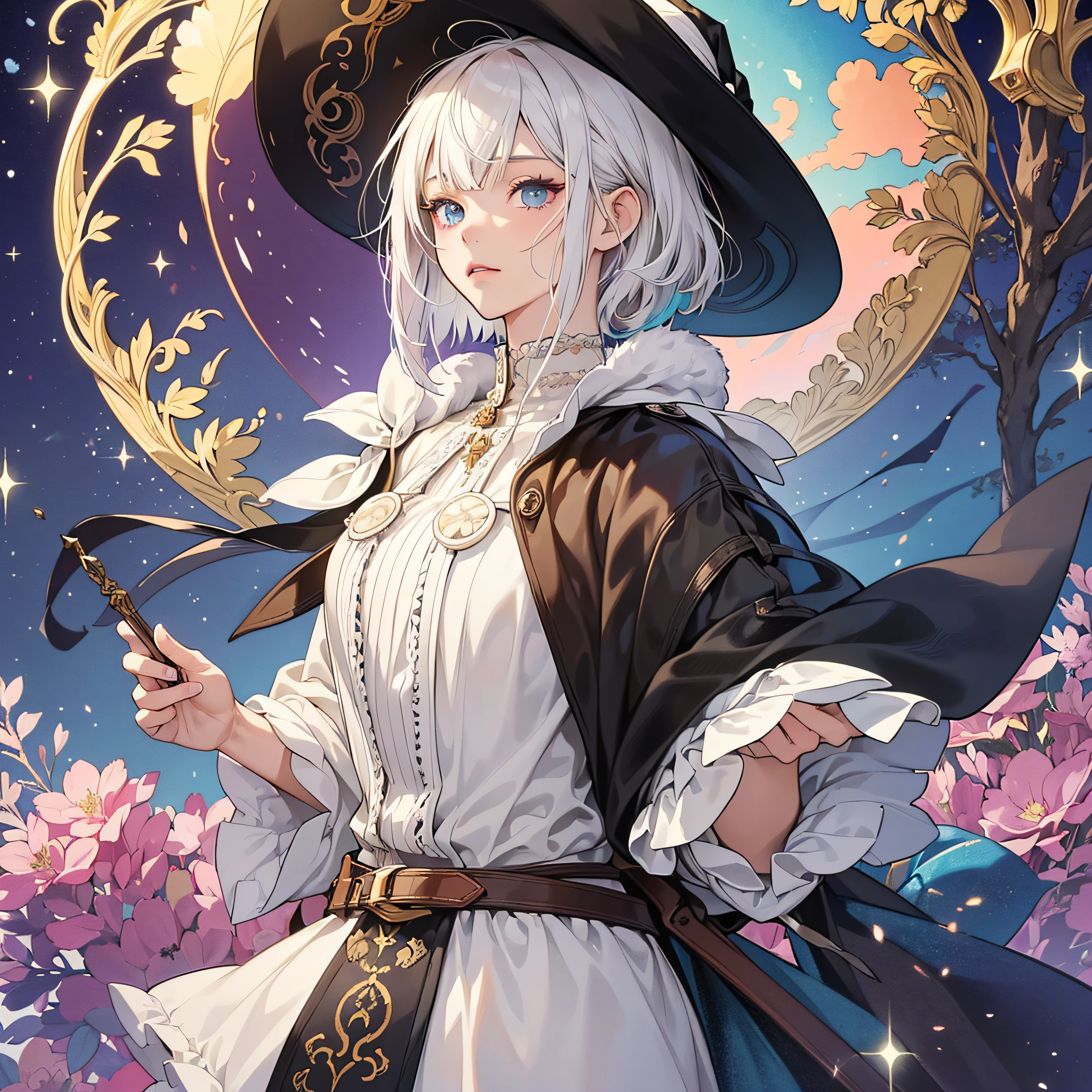 (masutepiece), (Piece of art), (Amazing work), (Detailed eyes), (Delicate skin), (heterochromatic eyes), (Multicolored), (short white hair with bangs), (Sparkling eyes), (1girl in) With witch's hat, oud, old, Wear extravagant medieval clothing, masutepiece, Best Quality, The best Desinger, Best Illustration --auto