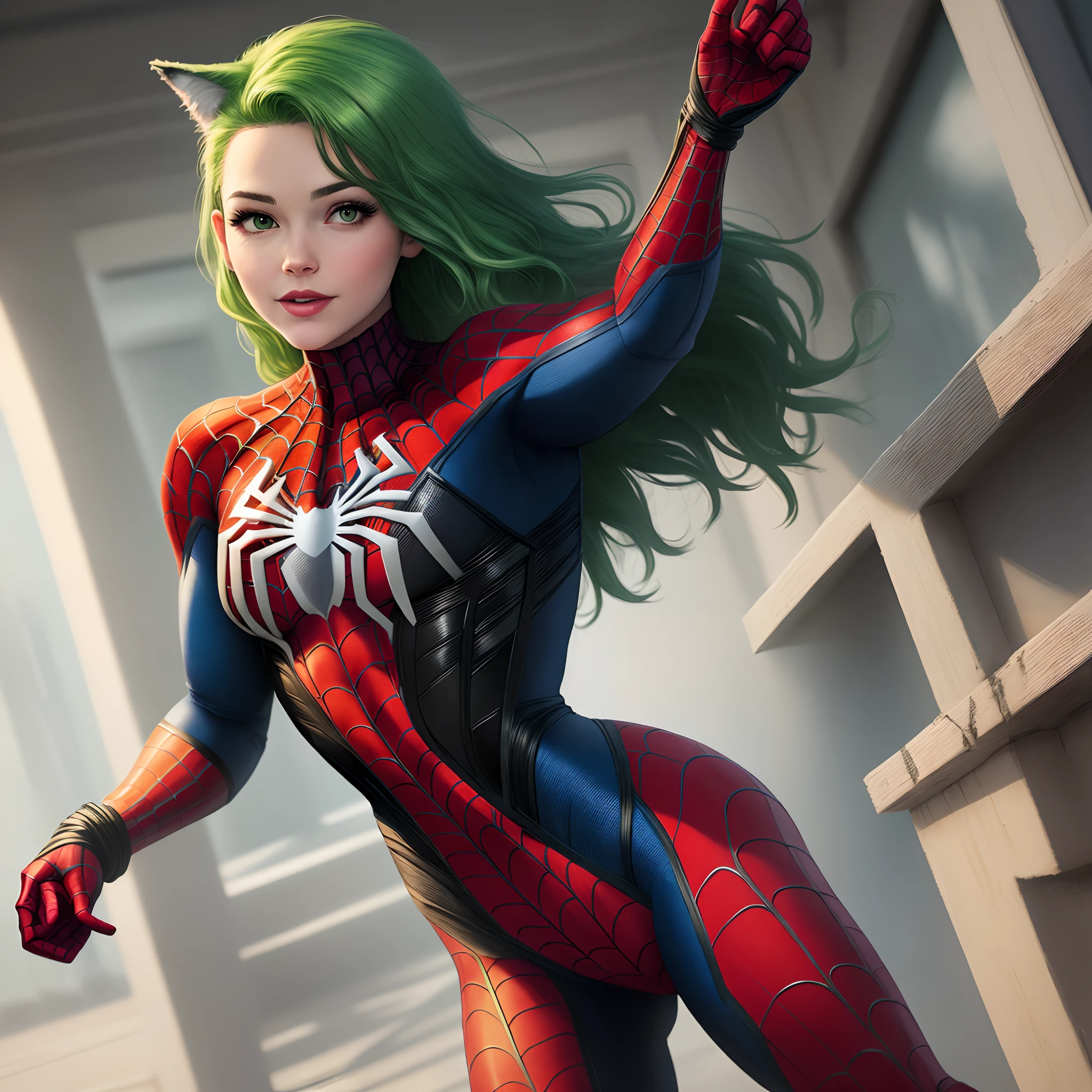 Spider-Man woman wolf cut half green hair