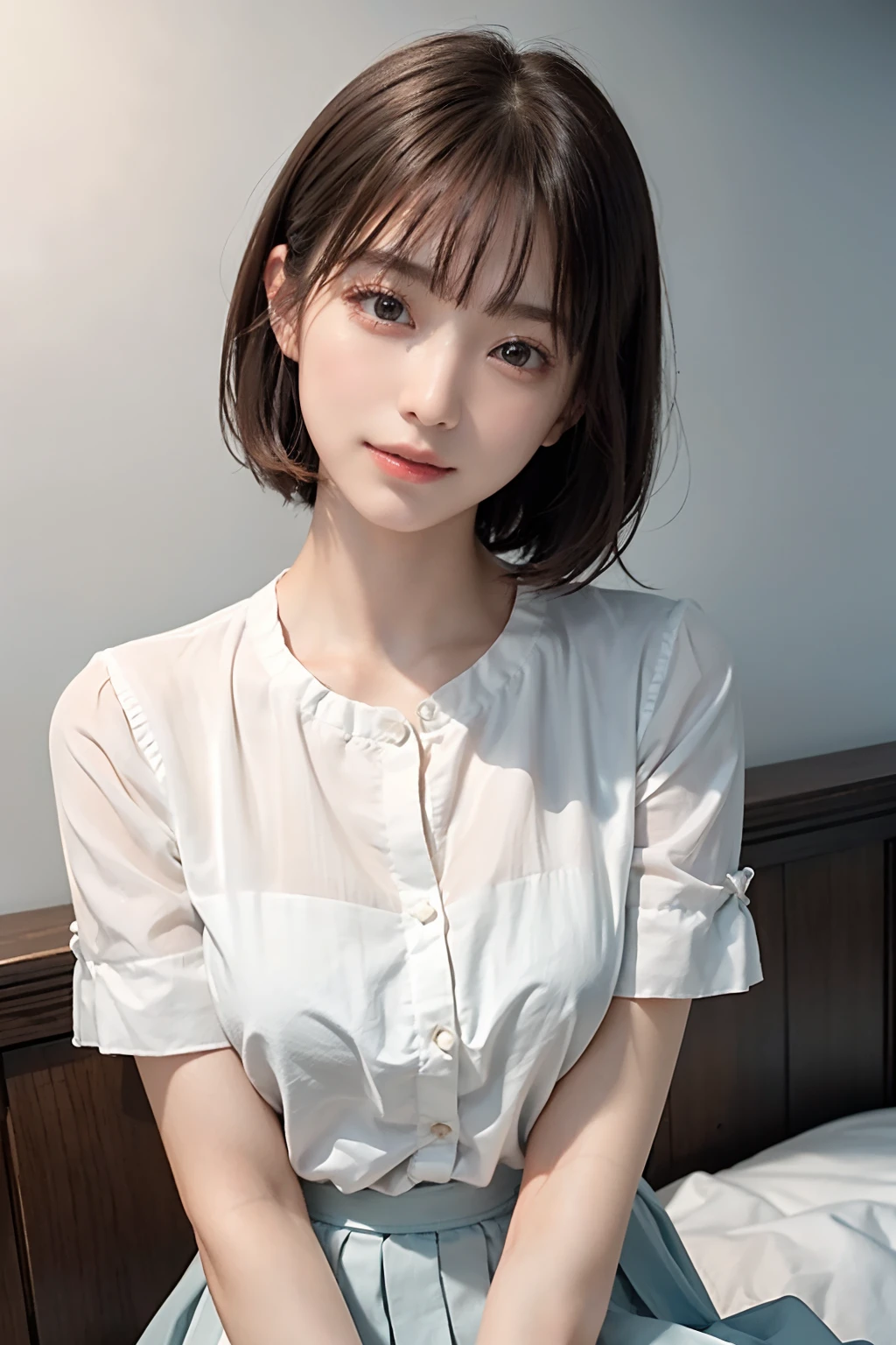 (8k、top-quality、masterpiece:1.2)、(realisitic、Photorealsitic:1.37)、ultra-detailliert、 1 人、cute little、独奏、Beautiful detailed sky、Detailed Cafe、natta、sitting on、date、(Nasal blush)、 (a smile:1.15)、(a closed mouth)small tits、Fine and beautiful eyes、(shirt with collar:1.1)、natta、Wet、Transaction service、Sateen、White lace、toppless、Woman Buzz Cut(((Bald)))、very thick eyebrows