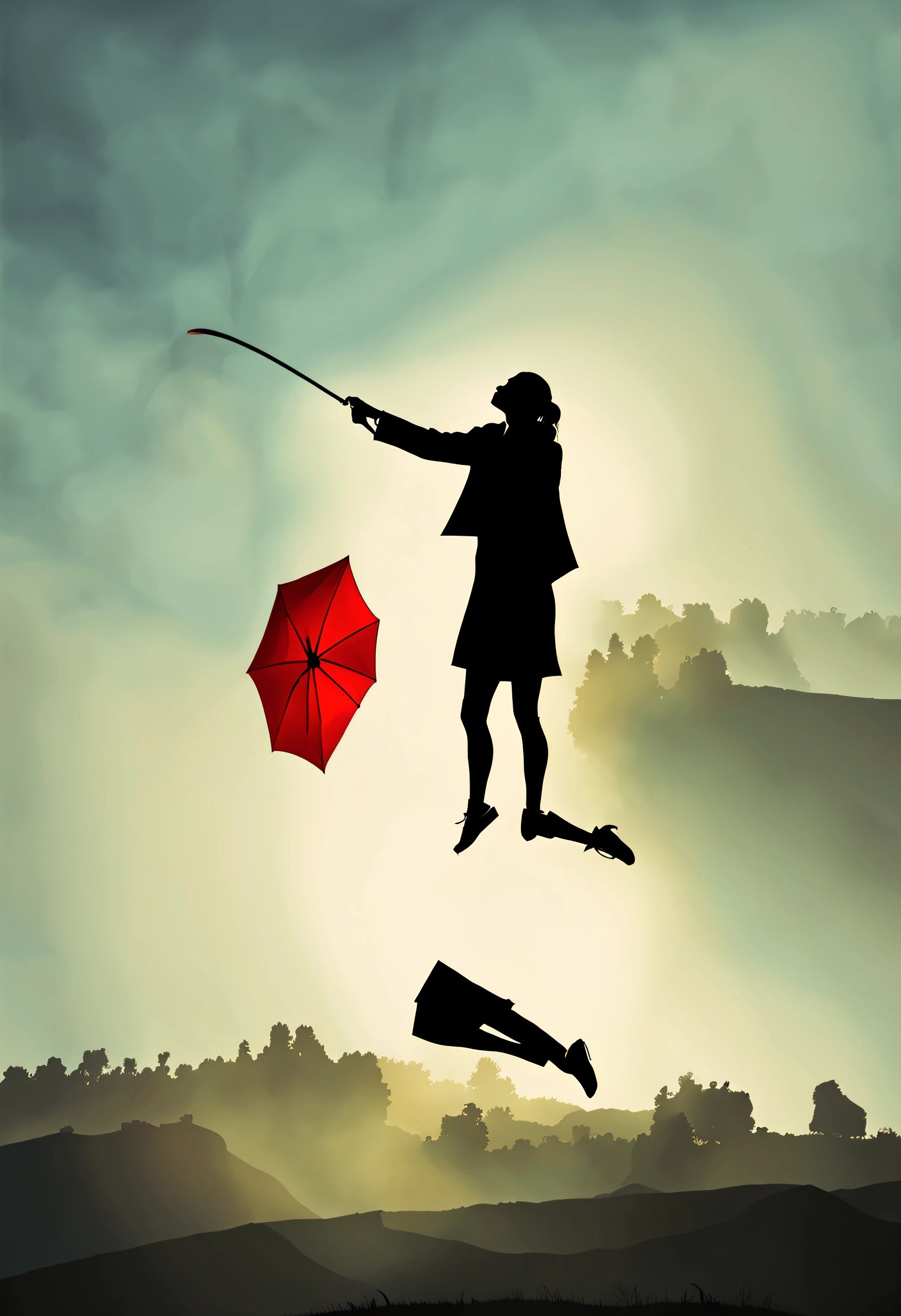 Very simple landscape painting、Ultra Wide Angle Photography、Silhouette of a girl holding a red umbrella、Super simple landscape painting、Shooting with an ultra-wide-angle lens、artistic、masutepiece、It features a simple、Composition of the golden ratio、