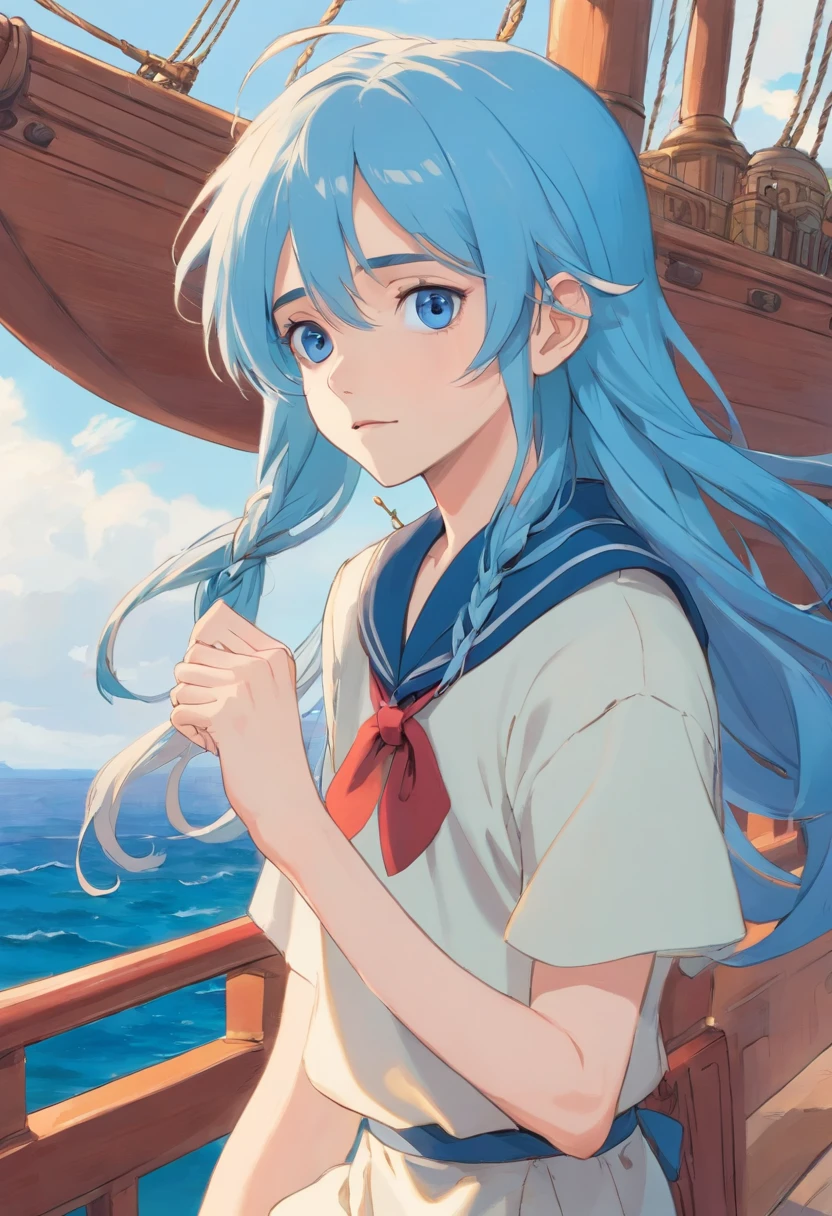 Androgynous Pale man in his 20s, blue long hair in braid pushed to the side, blue eyes, half lidded, high quality, anime artstyle, sailor clothes, tall, skinny, pretty boy, pirate ship background, dynamic pose.