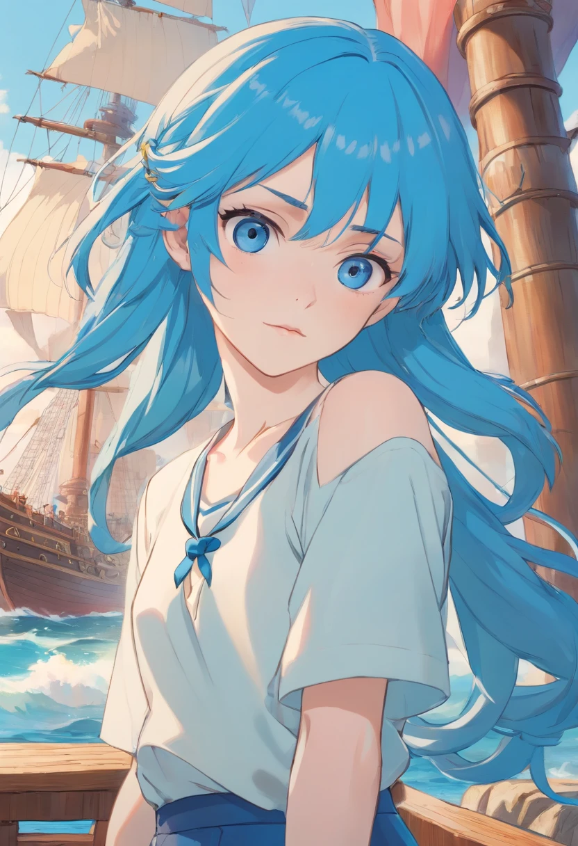 Androgynous Pale man in his 20s, blue long hair in braid pushed to the side, blue eyes, half lidded, high quality, anime artstyle, sailor clothes, tall, skinny, pretty boy, pirate ship background, dynamic pose.