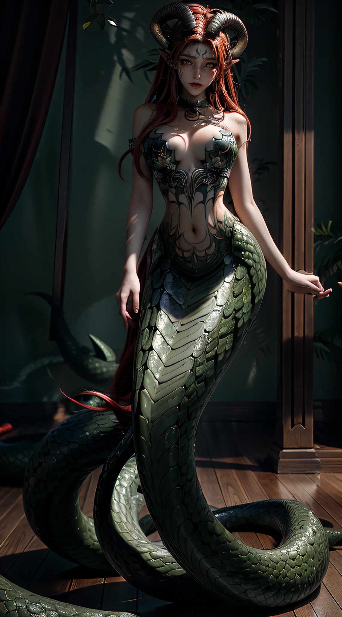 Masterpiece，best qualtiy，RAW photos，A high resolution，art by apterus. queen of demons,horns on head, Medusa:1.3，（mermaids:1.2），（Elongated snake tail:1.3），very pretty, Sensual, voluptuous,Large chest and thin waist, Red long-haired, piercing black eyes,Standing tall,full bodyesbian，The lighting is dim (ohwx |)，ultraclear，8K