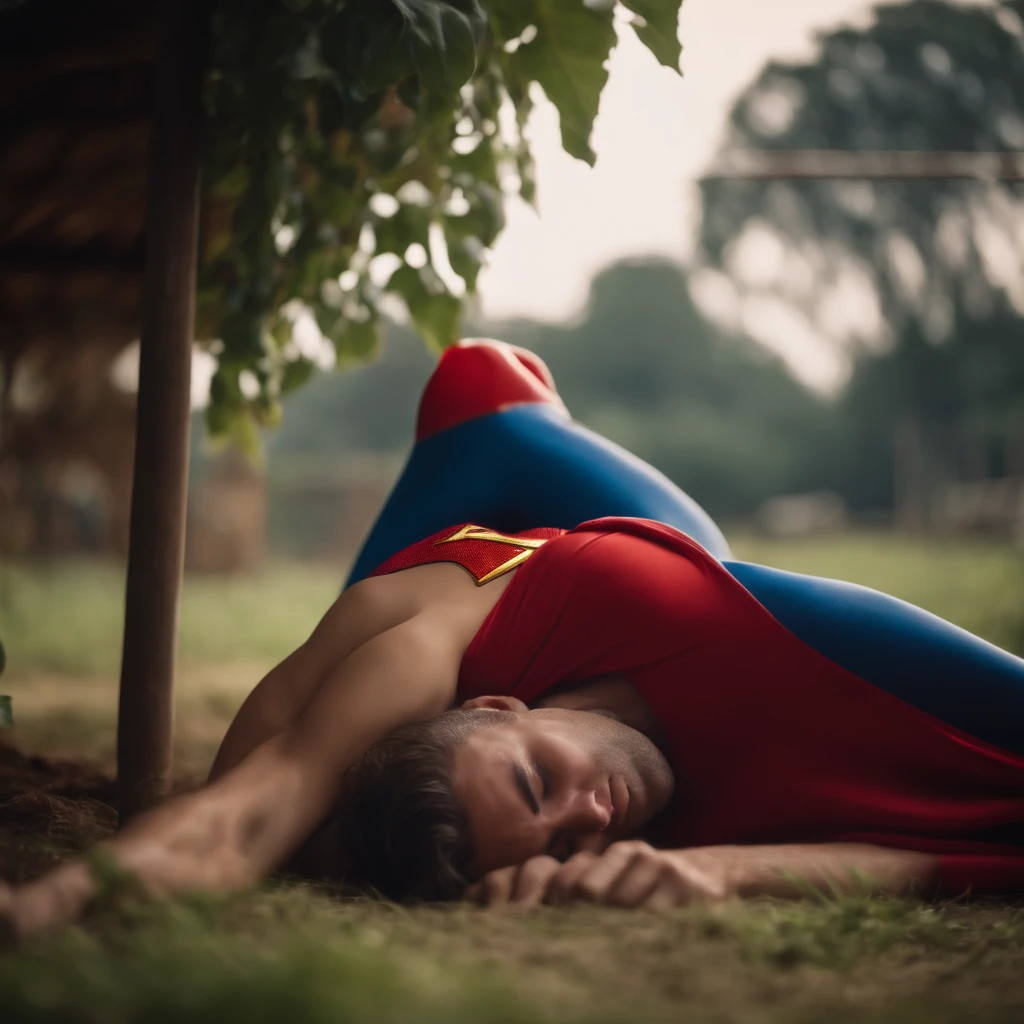 super man  , wearing bikini, sleep in the farm bad