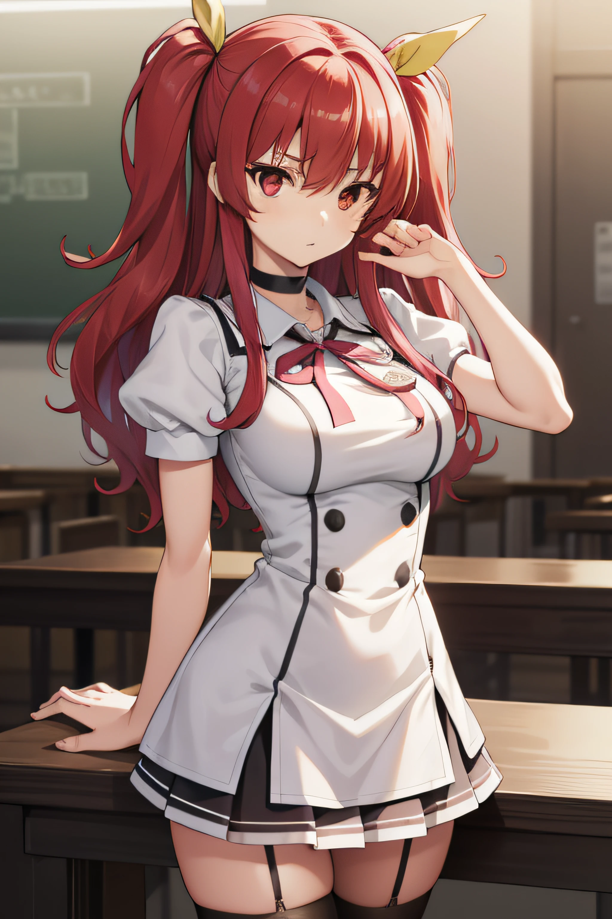 Stella Vermillion, Stella Vermillion, hair between eye, Hair intake, Hair Ribbon, Long hair, (Red Eyes:1.5), Red hair, two side up, Yellow Ribbon,
Blake Black Choker, Choker, emblem, garter strap, Neck ribbon, Plaid, Puffy Short Sleeves, Puffy sleeves, Purple Ribbon, Red hair, bow ribbon, School uniform, Shirt, Short sleeves, Skirt, thighs thighs thighs thighs, White shirt, White skirt,
BREAK looking at viewer,
Break indoors, classroom
break (masutepiece:1.2), Best Quality, High resolution, Unity 8k壁纸, (Illustration:0.8), (Beautiful detailed eyes:1.6), extra detailed face, Perfect Lighting, extremely details CG, (Perfect hands, Perfect Anatomy),