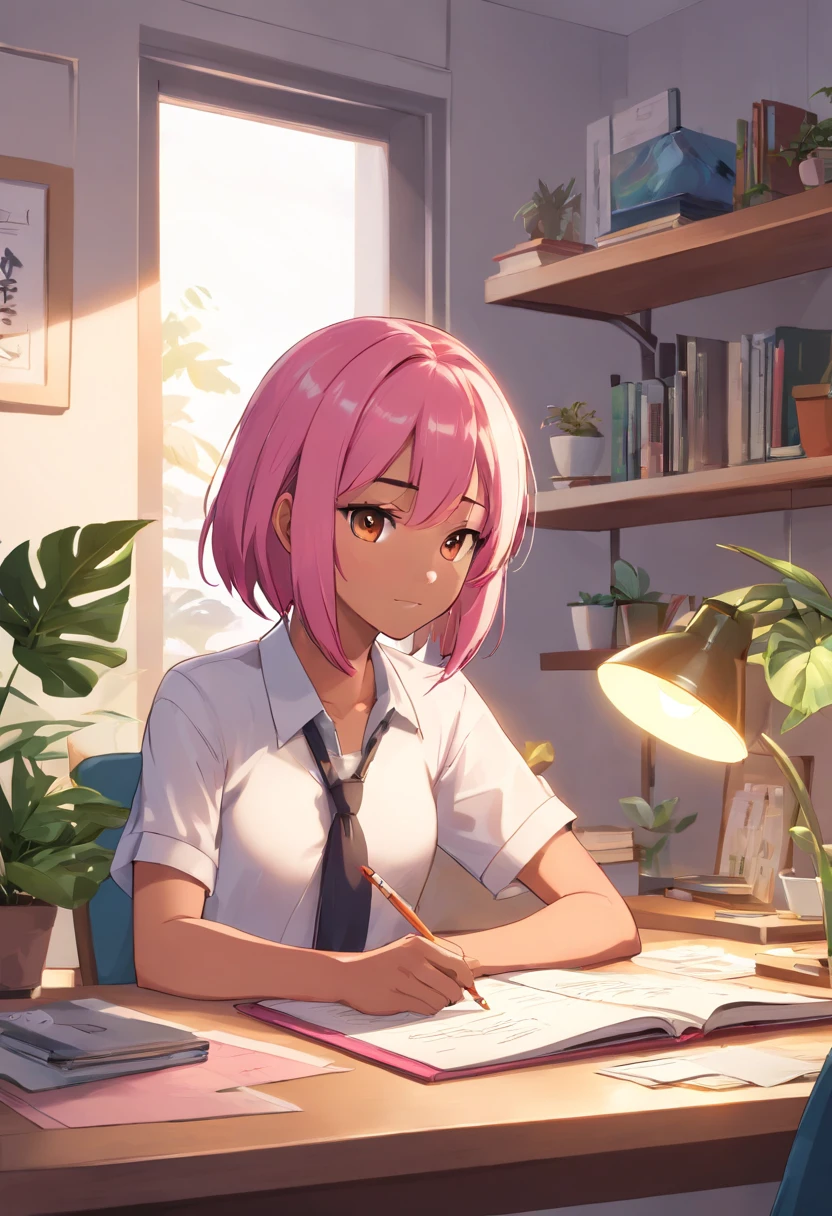 (dark skin with pink hair) Com uma camisa branca pura, um departamento minimalista, e um aluno como disciplina principal, O prompt pode ser gerado da seguinte maneira:
"(best quality,4k,8k,Altas,master part:1.2),ultra-detalhado,(Realistic,fotorrealista,photo-realistic:1.37),camisa branca,Departamento minimalista,estudante,ambiente de aprendizagem focado,laptop na mesa,Clean and organized space,ambiente luminoso e limpo,luz solar entrando pela janela,atmosfera acolhedora e convidativa,contemporary design,Functional furniture,Minimal distractions,Ambiente calmo e sereno,paleta de cores moderada,tons neutros,estilo simples, mas elegante,linhas e formas elegantes,arranjo consciente e proposital,decorative plants for a touch of vegetation,quiet and conducive to studying,harmonia visual,meticulous attention to detail,ambiente inspirador e motivador,dedicated workspace,Peaceful mindset,fluxo de trabalho produtivo e eficiente,ambiente tranquilo e tranquilo,Deep concentration and focus,Creative thinking and problem solving,Positive and conducive learning environment,harmonious balance between function and aesthetics,artesanato e qualidade excepcionais,Clean and organized space,perfeito para atividades intelectuais,No distractions or unnecessary elements,Clean and crisp look,cohesive and visually appealing composition,harmonia entre o sujeito e o entorno,Ambiente tranquilo e convidativo."
Fique atento:
1. Don't include anything explanatory
2. with commas","separar
3. tags are sorted from highest to lowest importance
4. do not include quotation marks""