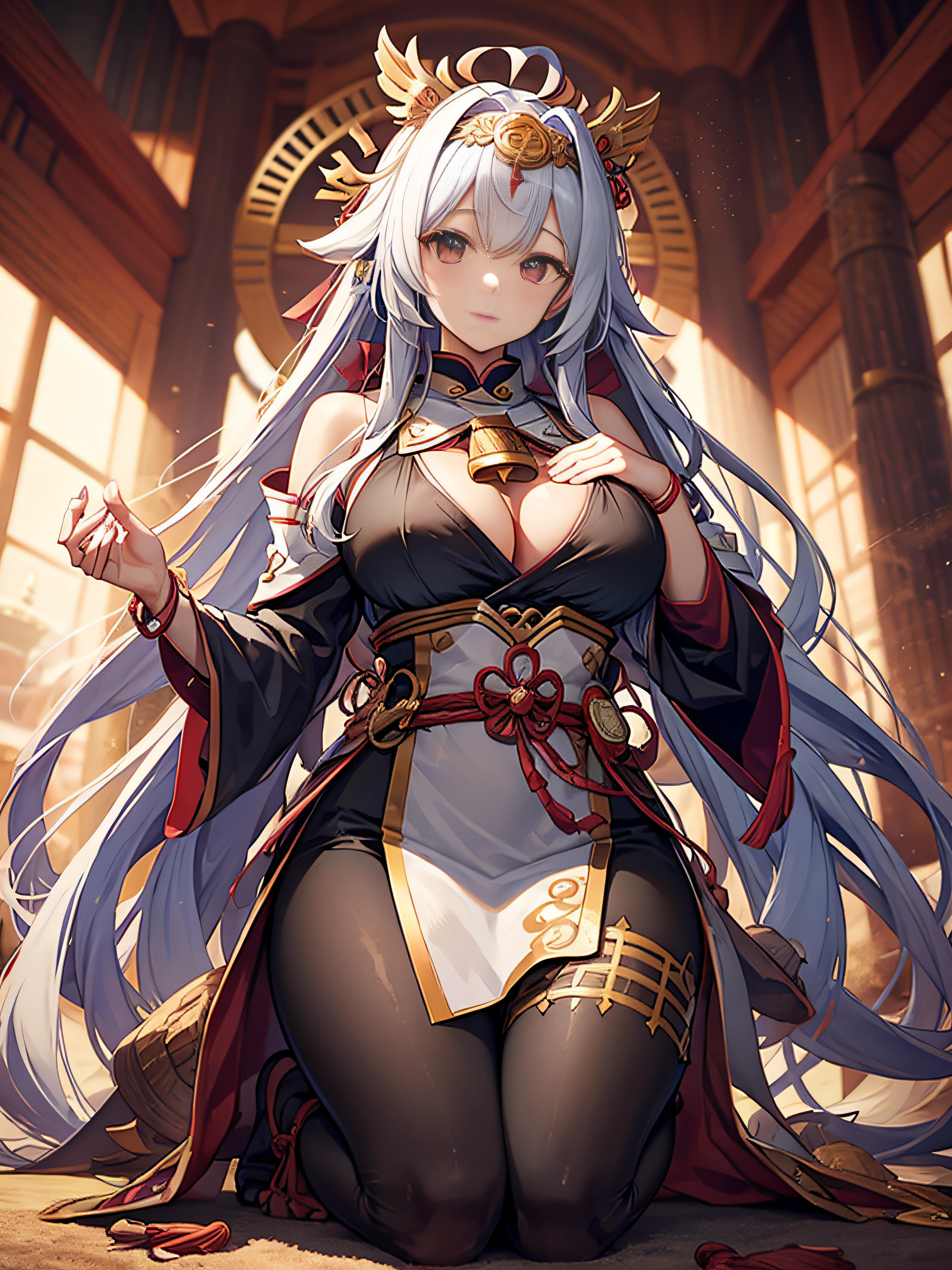 masutepiece, Best Quality,Unity 8k壁纸, ultra-detailliert, Beautiful and aesthetic, Beautiful, Official art, Amaterasu Priestess, SanDisk, Solar Flare Spell, Blessing of the Sun Goddess, divine intervention,Colossal tits、full body Esbian、A bell hangs on his chest huge udder High exposure Black costume Black Impulse