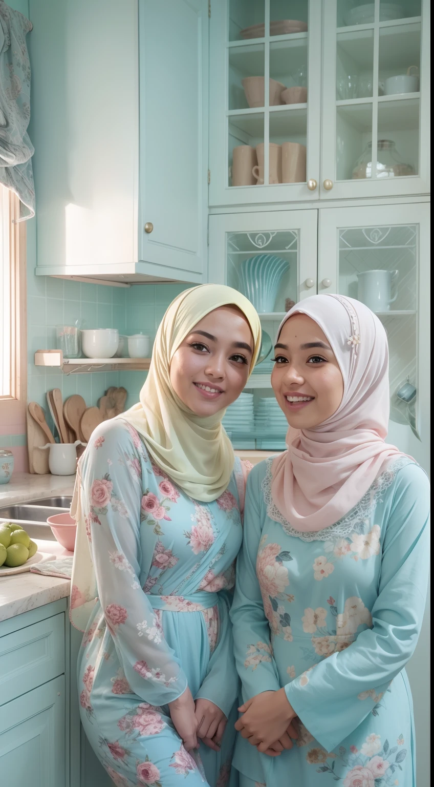 4 beautiful malay girl in pastel color hijab taking picture in modern kitchen, wear pastel blue and white floral pattern baju kurung, friendly and laughing situation, laughing, happy, modern pastel color kitchen, detailed skin texture, soft lighting, pastel color theme, 28mm, Dutch Angle shot, Cross-Processing color grading, Fill Light, rear projection, Romantic Drama, high quality, ultra detail, 8k resolution,