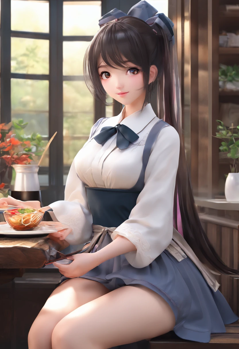 Masterpiece, Top quality, captivating posture, full body wide angle, Smile, (Sitting:1.1) ,Ichiraku windows, (eating ramen noodles:1.0), holding chopsticks and ramen bowl, Sip your own noodles,, Silence Suzuka (umamusume), Black gloves, White skirt, Pleated skirt, Black pantyhose, layered sleeves, puffy short sleeves, short over long sleeves, Black bow, festivity,