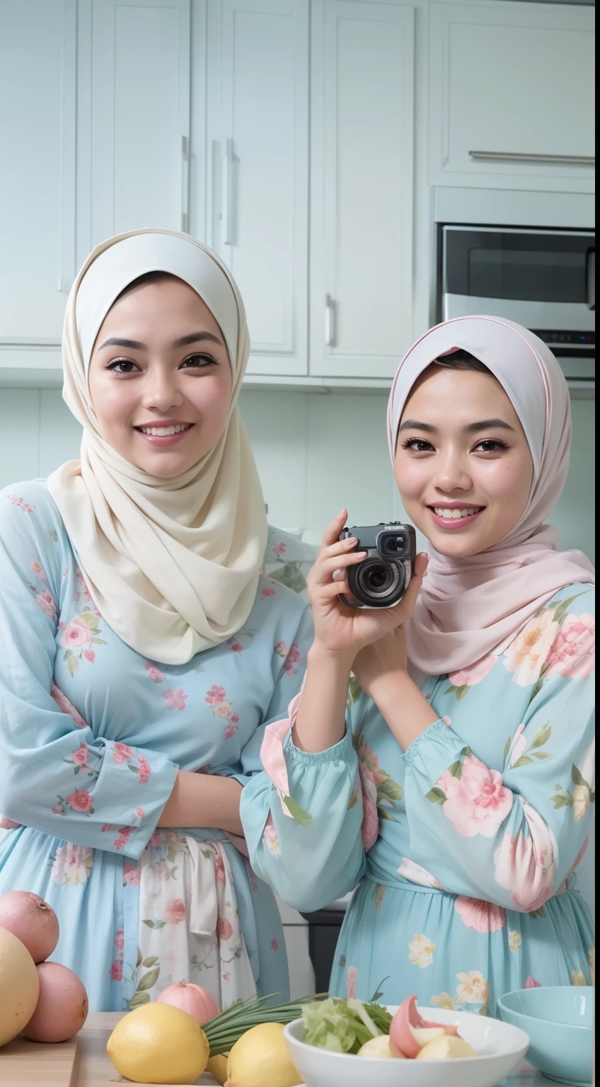 4 beautiful malay girl in pastel color hijab taking picture in modern kitchen, wear pastel blue and white floral pattern baju kurung, friendly and laughing situation, laughing, happy, modern pastel color kitchen, detailed skin texture, soft lighting, pastel color theme, 28mm, Dutch Angle shot, Cross-Processing color grading, Fill Light, rear projection, Romantic Drama, high quality, ultra detail, 8k resolution,