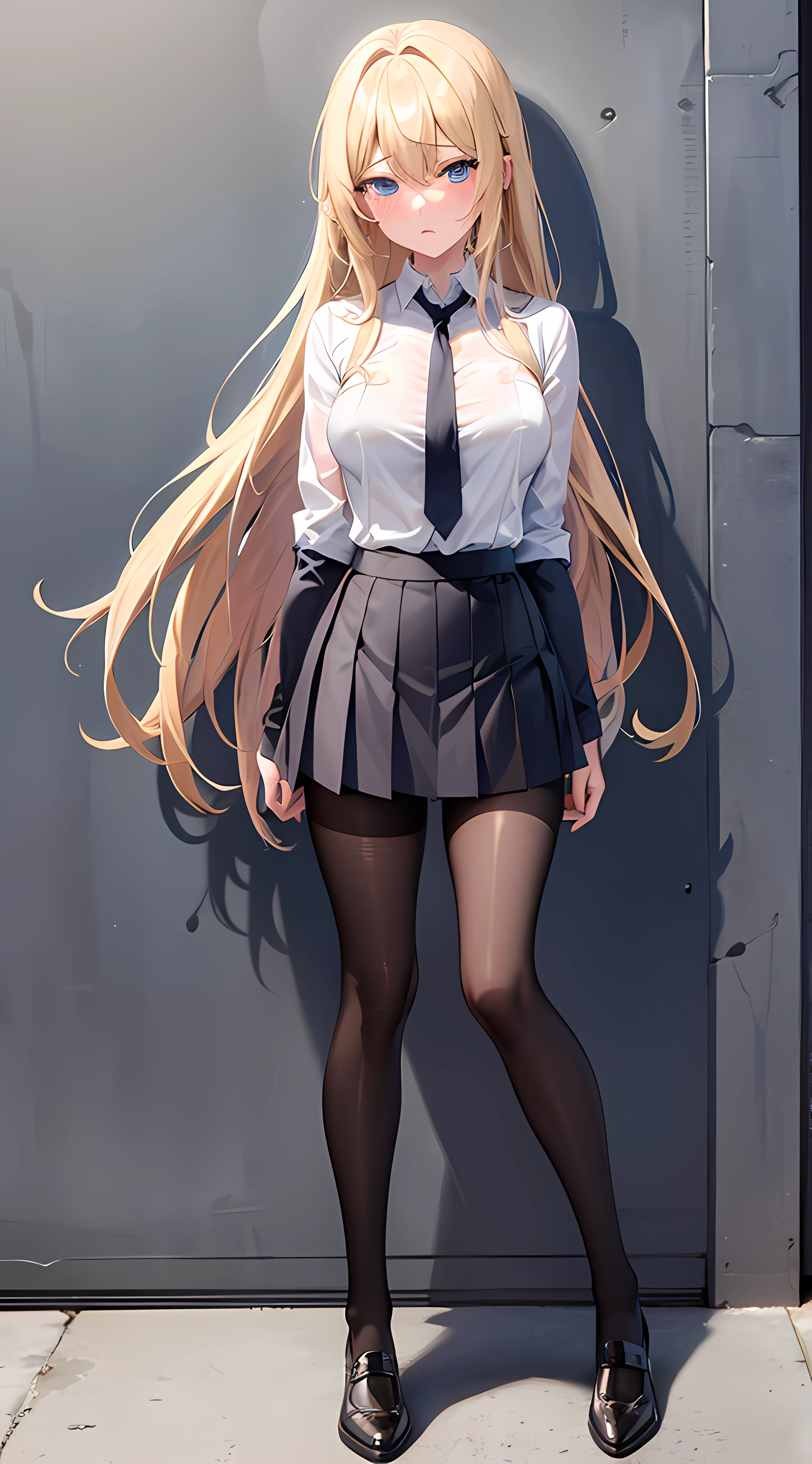 anime style, best quality, 8k, 1girl, blond hair ,blue eyes ,long hair ,medium breasts ,white bras ,pleated skirt ,opened shirt ,black panthyhose , tie ,tights ,full body ,blush ,standing on wall, look forward, sad eyes,hands on shoulder, sexy, cute,student,girl,female, crying