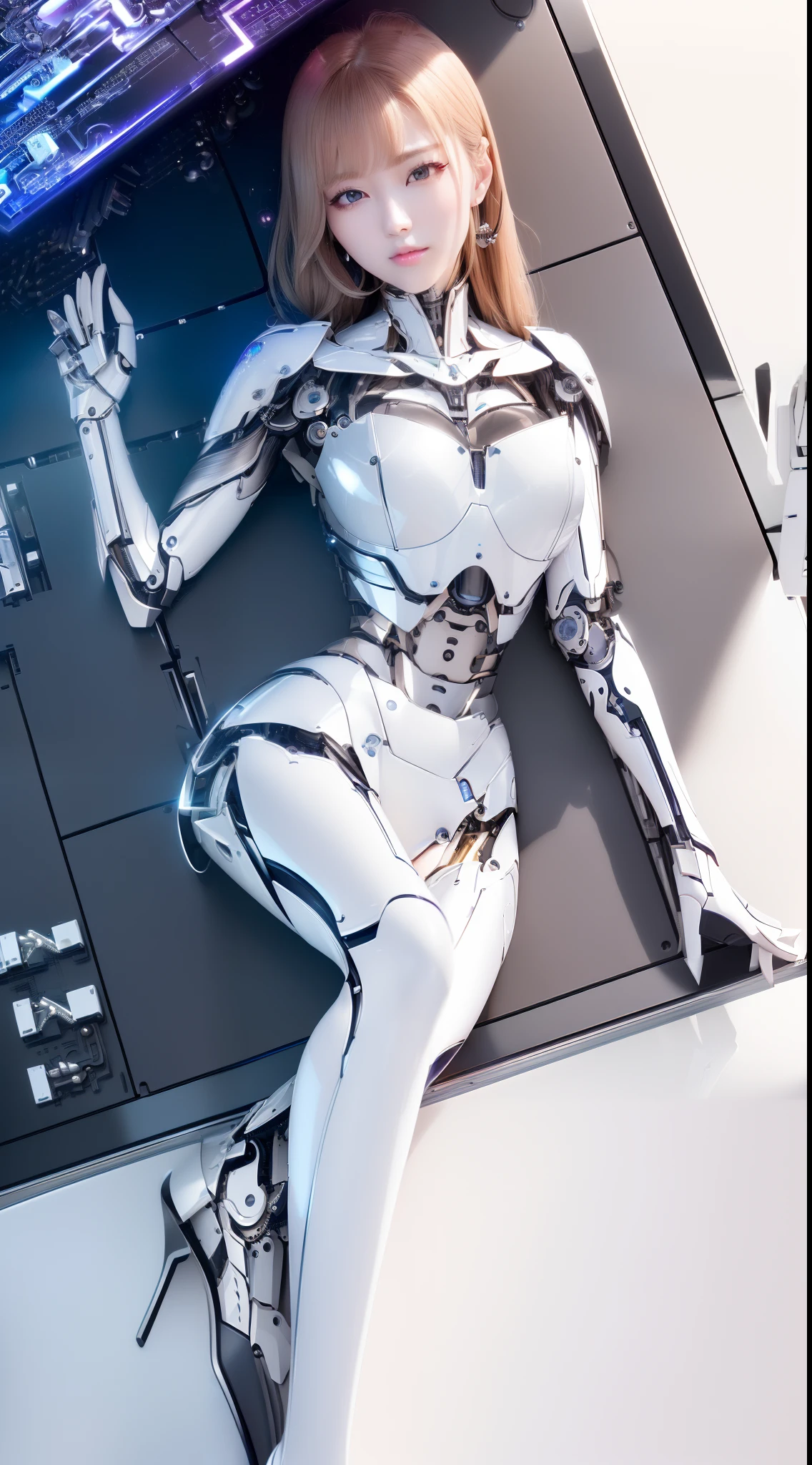 ((masutepiece)), ((top-quality), high quarity、ultra-definition, (Realistic), ((well proportioned face))、fulcolor 、(scientific fiction)、(独奏)、Beautiful robot woman、Emotionless combat robot、(Perfect robot joint)、(Detailed electronic board:1.2)、(Machine frame)、(Repaired white porcelain mechanical armor)、(Oval curvaceous face)、(machine components:1.2)、(Almond-shaped eyes without emotion)、thin mouth、deadpan、(Perfect mechanical two-handed:1.4)、((Cyber City during the day))、Perfect robot legs、(lying on floor)、high-heels、Stranger、Shooting from above