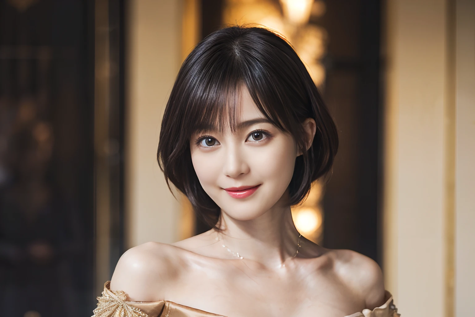 76
(20-year-old princess,is standing), (A hyper-realistic), (masutepiece), ((short-hair:1.46)), (Smooth black hair), (Breast:1.0), (kindly smile:0.9), (Luxurious dresses:1.46), Majestic Palace, Orange Lipstick