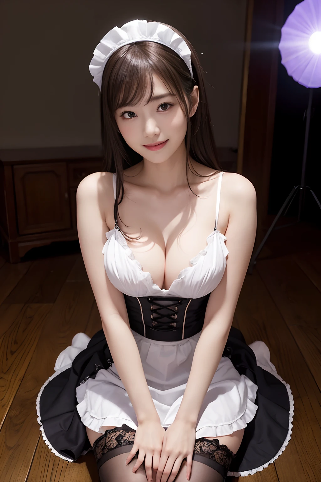 Ultra realistic 8K CG、Picture-perfect face、flawless、clean、​masterpiece、Professional artwork、famousartwork、face perfect、Beautiful expression、beautidful eyes、((Perfect female body))、独奏、teats、(Immersive atmosphere、Chiaroscuro:1.5、brightened light:1.2、Luminous lighting) 、Maids、pinafore、(Sexy Maid Clothes:1.2)、A smile、large boob、 beautifullydetailedbackground、depth of fields、Rooms in the mansion、realisitic:1.3、longshot、1girl in、Head dress、a black skirt、garter stocking、full body Esbian、 (ambient lights:1.3)、(Cinematic compositions:1.3)、(Neon light:0.1)、(nffsw:0.1)、AccentLighting、With bangs、