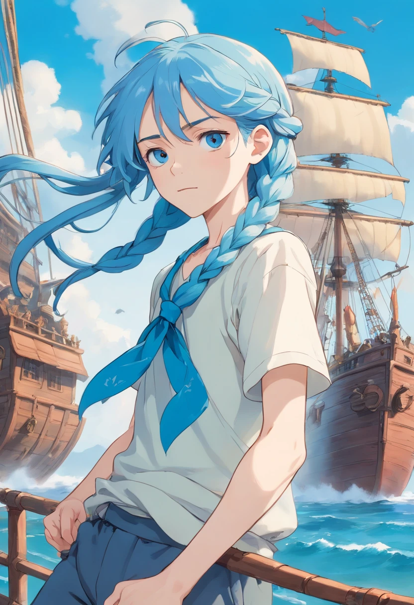 Androgynous Pale man in his 20s, blue long hair in braid pushed to the side, blue eyes, half lidded, high quality, anime artstyle, anime, flowy clothes, tall, skinny, pretty boy, pirate ship background, dynamic pose.