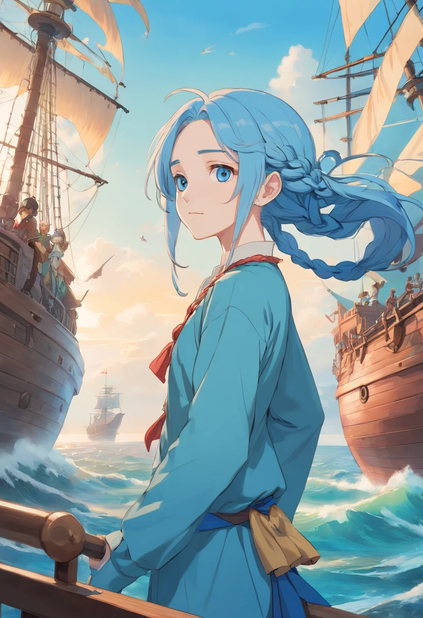 Androgynous Pale man in his 20s, blue long hair in braid pushed to the side, blue eyes, half lidded, high quality, anime artstyle, anime, flowy clothes, tall, skinny, pretty boy, pirate ship background, dynamic pose.
