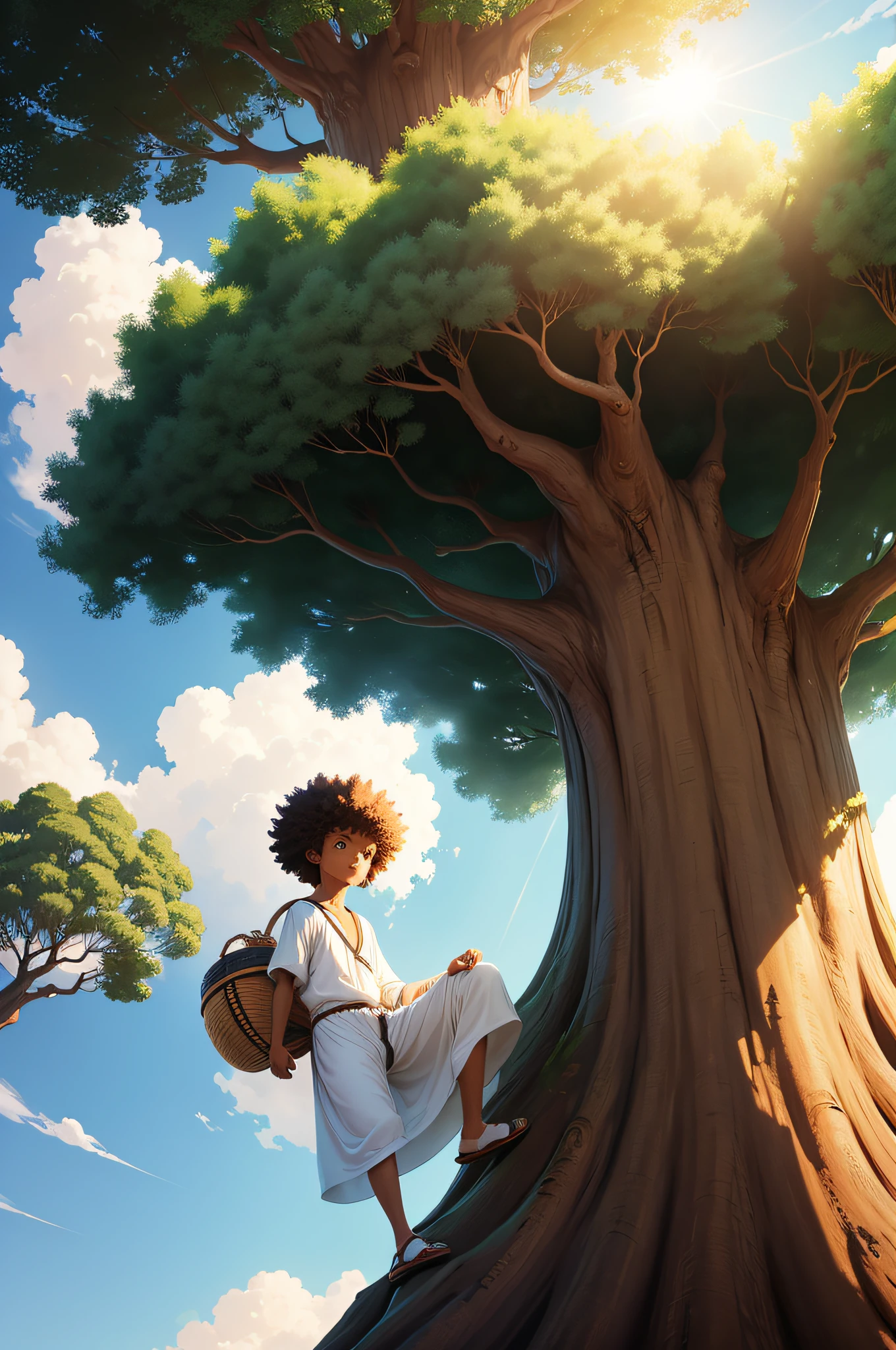 a disney cartoon anime style best quality silhouette boy with a small afro climbing a big tree on the golden farm wearing a white thobe and looking at a beehive looking curious in sunlight --auto
