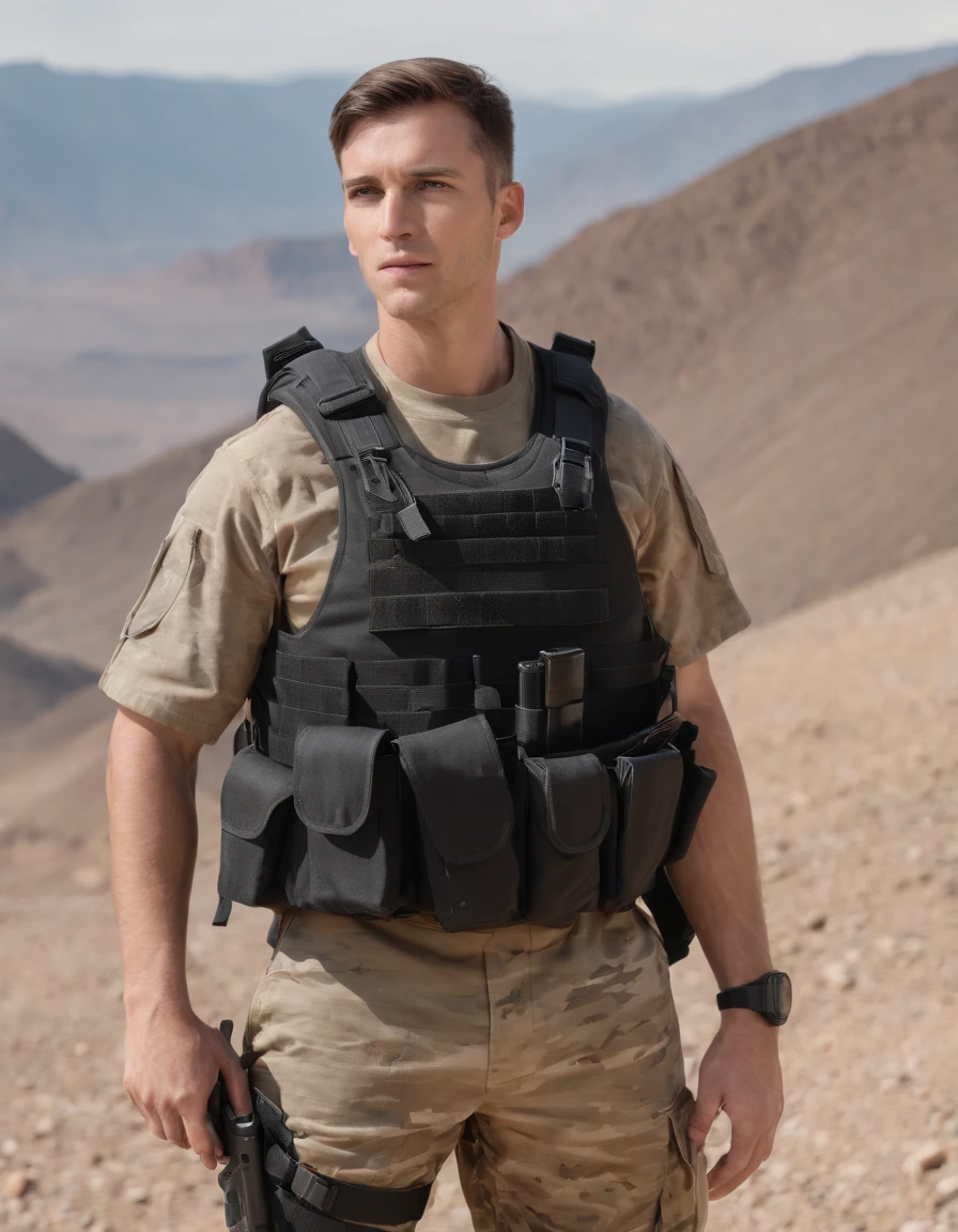 full body, male, soldier, multi camouflage, black tactical vest, black holster, tactical boots, deserst background, mountain background, wide angle, close shot