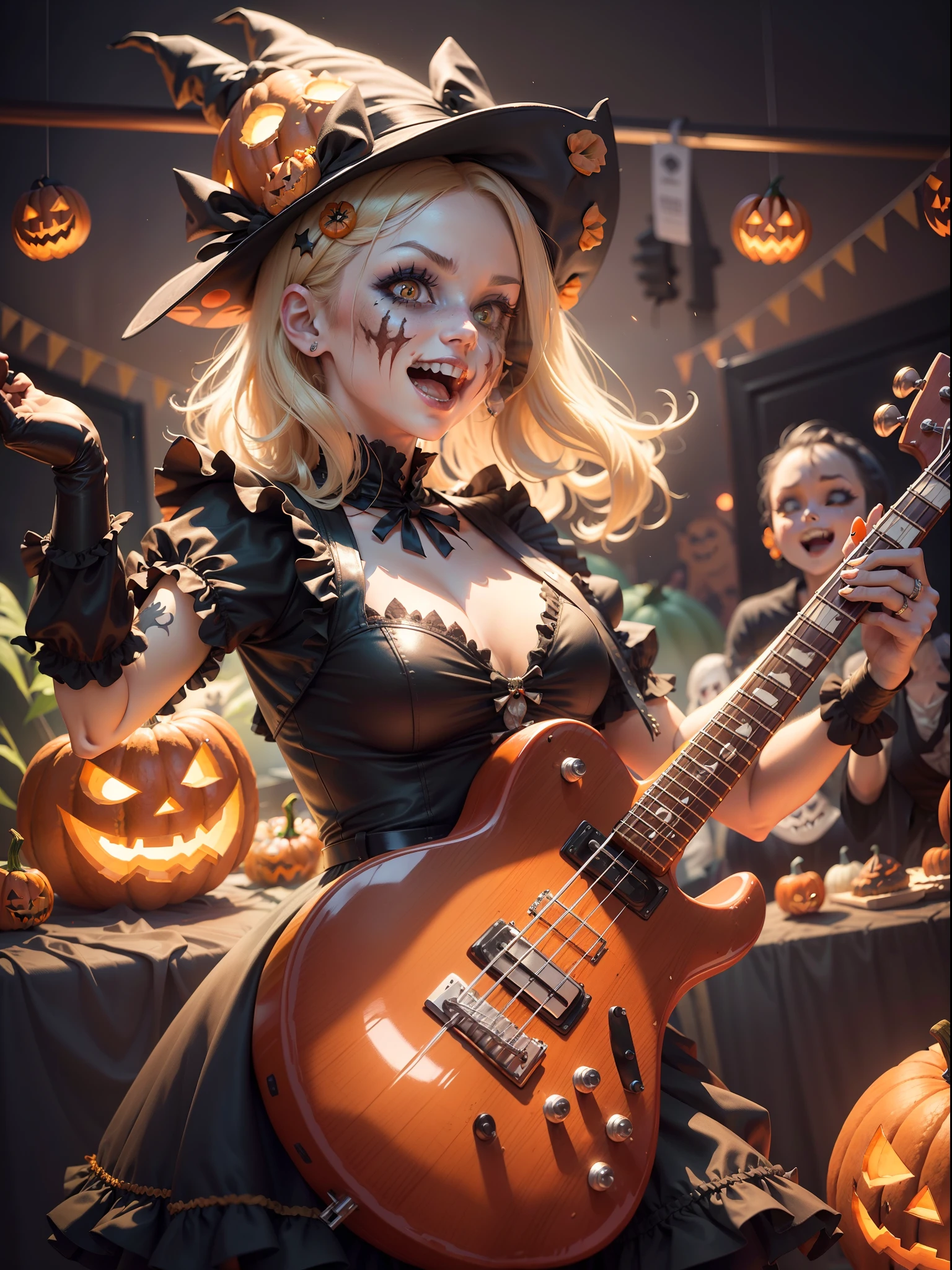 Rock 'n' roll scene,There are drum kits and basses,The lead singer in a pumpkin costume sings loudly in the spotlight!(perfecthand:1.37),There are a lot of ratings out there
Girl in zombie costume playing pumpkin drum on Halloween celebration stage, (Jack-o'-lantern),(Electric guitar:1.1), (keyboard:1.1), (Drums made with pumpkins and sweets:1.0) ,The girl is dressed in a ghost costume, zombi, and witches, Bold poses and passionate performances,Makeup in all sorts of scary images,Performing on stage, Lightweight jack-o'-lantern,(Confectionery), At the scene of the Halloween celebration,People are immersed in a joyful atmosphere. Jack-o-lanterns illuminate dark corners, There were happy smiles on people's faces