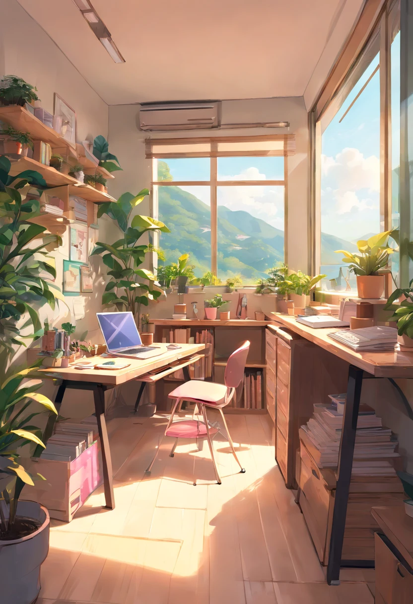 (dark skin), (with pink hair), overlooking a beautiful scenery through a large windowsill, Com uma camisa branca pura, um departamento minimalista, e um aluno como disciplina principal, O prompt pode ser gerado da seguinte maneira:

"(best quality,4k,8k,Altas,master part:1.2),ultra-detalhado,(Realistic,fotorrealista,photo-realistic:1.37),camisa branca,Departamento minimalista,estudante,ambiente de aprendizagem focado,laptop na mesa,Clean and organized space,ambiente luminoso e limpo,luz solar entrando pela janela,atmosfera acolhedora e convidativa,contemporary design,Functional furniture,Minimal distractions,Ambiente calmo e sereno,paleta de cores moderada,tons neutros,estilo simples, mas elegante,linhas e formas elegantes,arranjo consciente e proposital,decorative plants for a touch of vegetation,quiet and conducive to studying,harmonia visual,meticulous attention to detail,ambiente inspirador e motivador,dedicated workspace,Peaceful mindset,fluxo de trabalho produtivo e eficiente,ambiente tranquilo e tranquilo,Deep concentration and focus,Creative thinking and problem solving,Positive and conducive learning environment,harmonious balance between function and aesthetics,artesanato e qualidade excepcionais,Clean and organized space,perfeito para atividades intelectuais,No distractions or unnecessary elements,Clean and crisp look,cohesive and visually appealing composition,harmonia entre o sujeito e o entorno,Ambiente tranquilo e convidativo."

Fique atento：
1. Don't include anything explanatory
2. with commas","separar
3. tags are sorted from highest to lowest importance
4. do not include quotation marks""