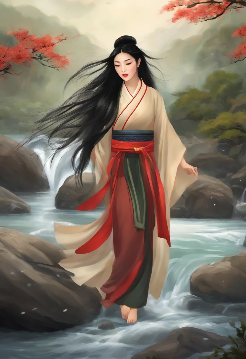 Yamakawa,downpours,dark cloude,Goddess with long black straight hair,Ancient Chinese,Look at the raging river,Cartoon picture book for toddlers,