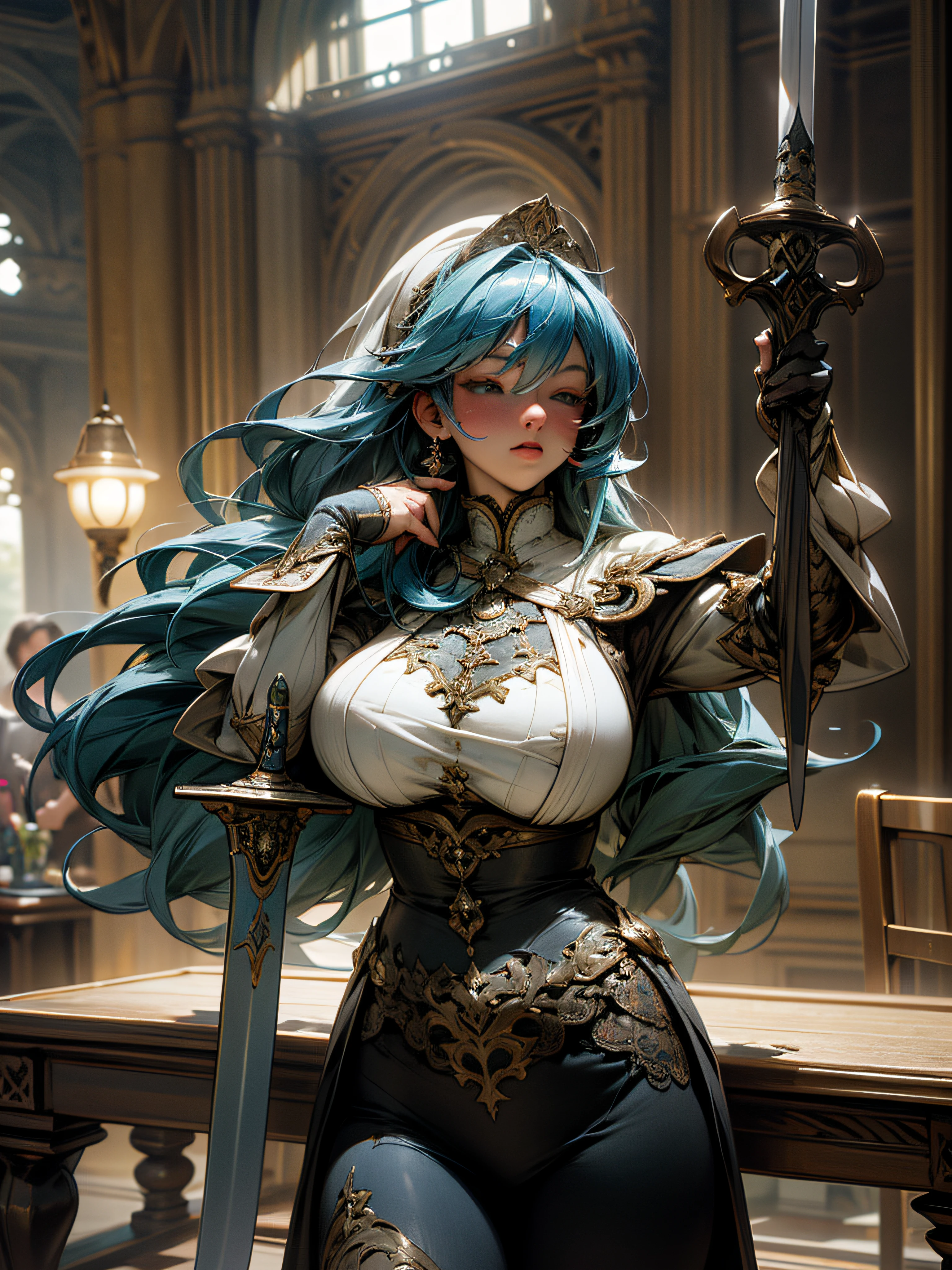 Ultra-detailed and complex 3D rendering of beautiful anime characters, Beautiful Soft Studio Lights, Rim Light, vibrant detail,Luxurious, Lace, Hyper-realistic, Blue hair, Show an intimate part in the medieval world of ultra-realism, Holding a sword, huge huge breasts