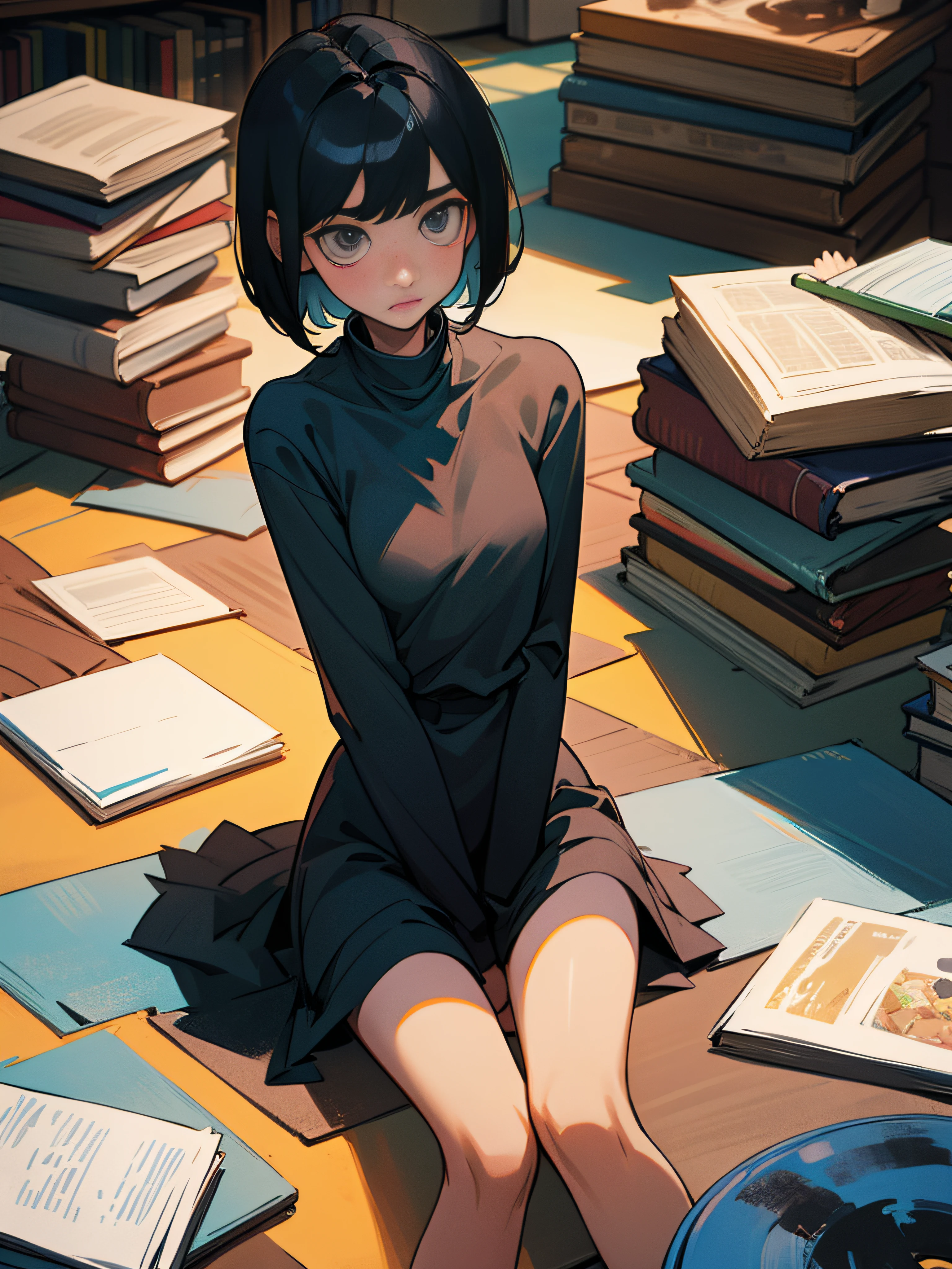 Black Hair Short Bob２０Teenage women、skinny thigh、Sitting in a dirty room surrounded by a lot of books