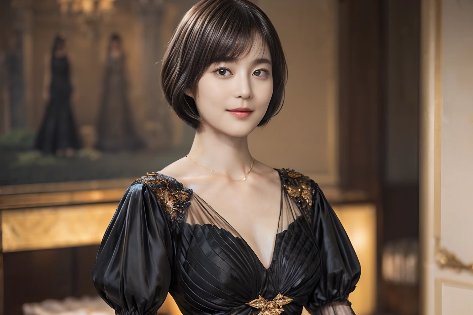 76
(20-year-old princess,is standing), (A hyper-realistic), (masutepiece), ((short-hair:1.46)), (Smooth black hair), (Breast:1.0), (kindly smile:0.9), (Luxurious dresses:1.46), Majestic Palace, Orange Lipstick