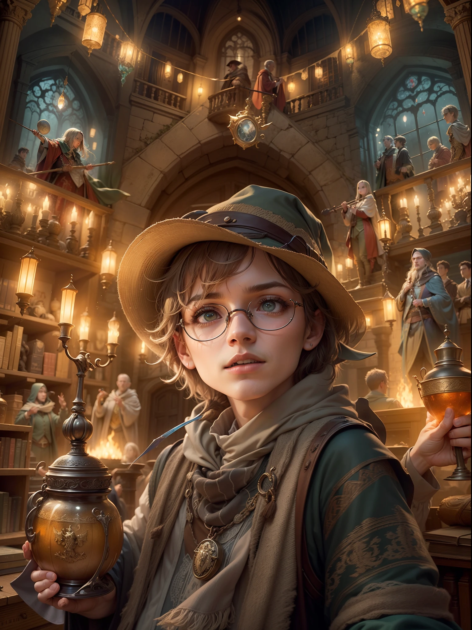 a wizard boy in a magical school, Hogwarts,cloak,a magical wand,playing quidditch with friends,magic spells,spellbook,A magical broomstick,butterbeer,flying on a broomstick,a hidden chamber,meeting Dumbledore,defeating the dark lord Voldemort,magical creatures like dragons and phoenixes,friendly ghosts,enchanted castle,sorting hat,learning potions and charms,exciting adventures,heroic battles,loyal friendships,luminous landscapes,mystical atmosphere,(best quality,ultra-detailed:1.2),(realistic:1.37),vivid colors,bokeh,illuminating light