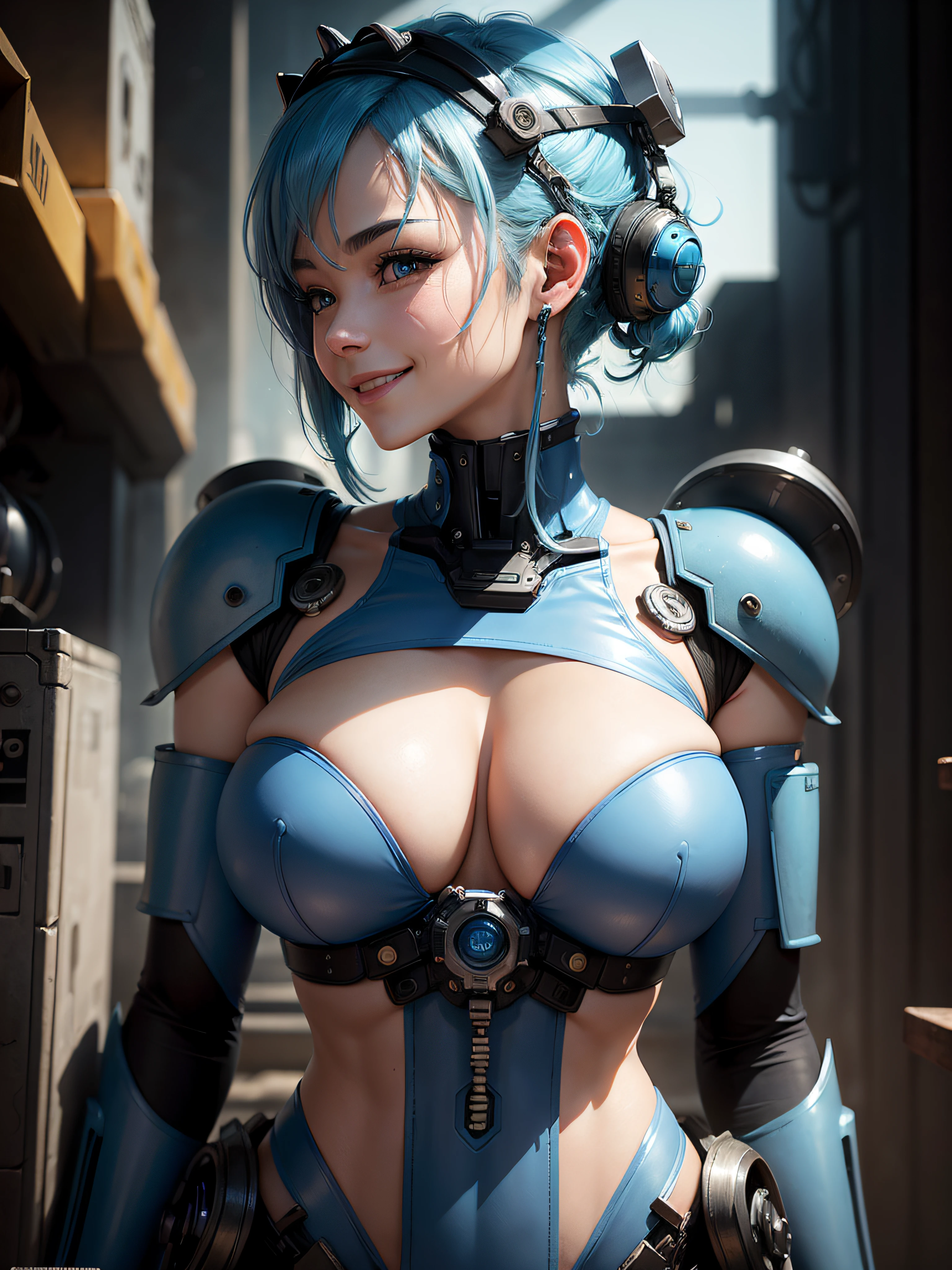 Mechanical, mechs, One Person, Solo, Short hair, profile, Upper body, scientific fiction, Smile, Blue hair, (Headgear:1), Technological background,Huge Huge Huge Breasts --auto