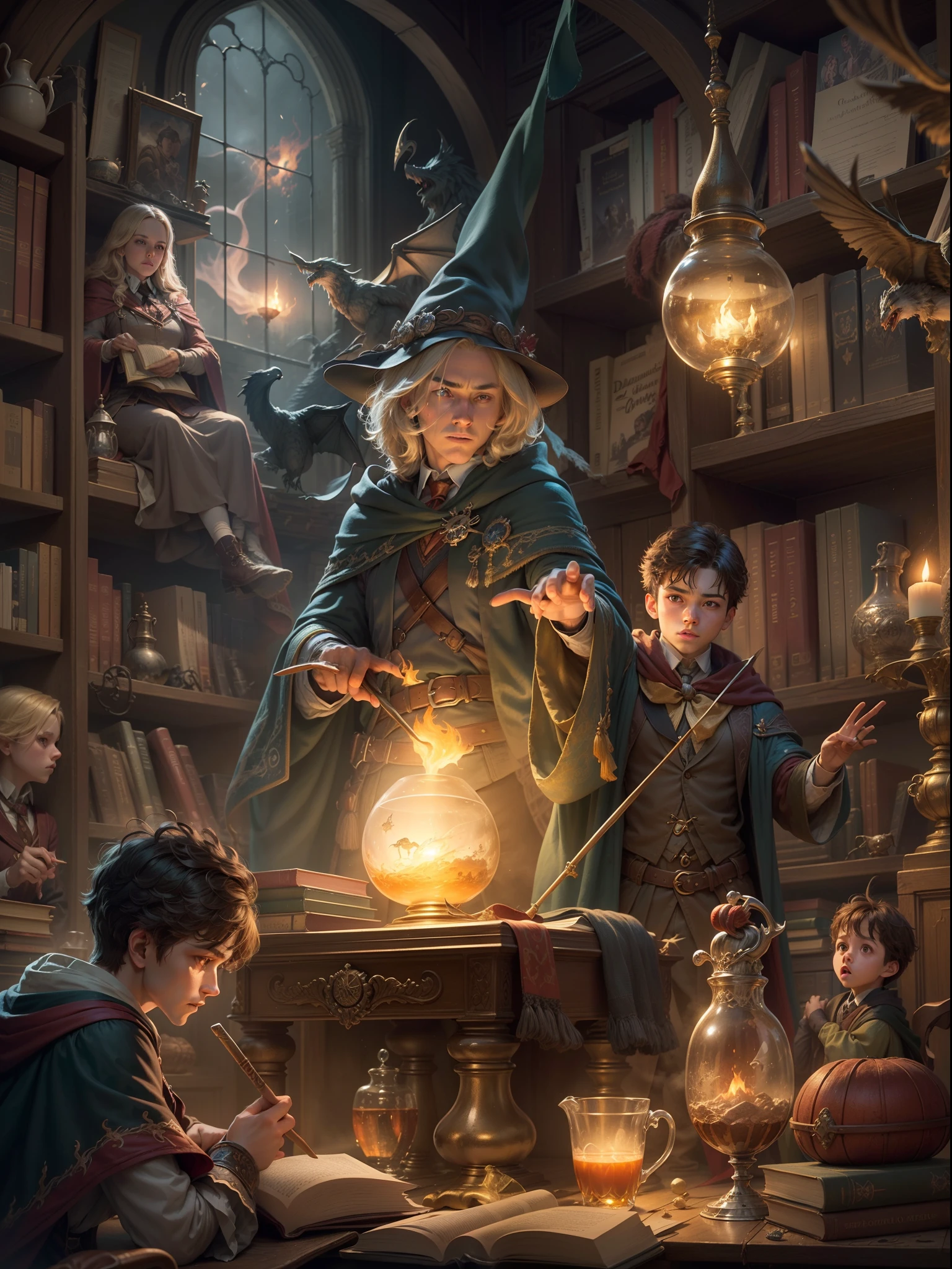 a wizard boy in a magical school, Hogwarts,cloak,a magical wand,playing quidditch with friends,magic spells,spellbook,A magical broomstick,butterbeer,flying on a broomstick,a hidden chamber,meeting Dumbledore,defeating the dark lord Voldemort,magical creatures like dragons and phoenixes,friendly ghosts,enchanted castle,sorting hat,learning potions and charms,exciting adventures,heroic battles,loyal friendships,luminous landscapes,mystical atmosphere,(best quality,ultra-detailed:1.2),(realistic:1.37),vivid colors,bokeh,illuminating light