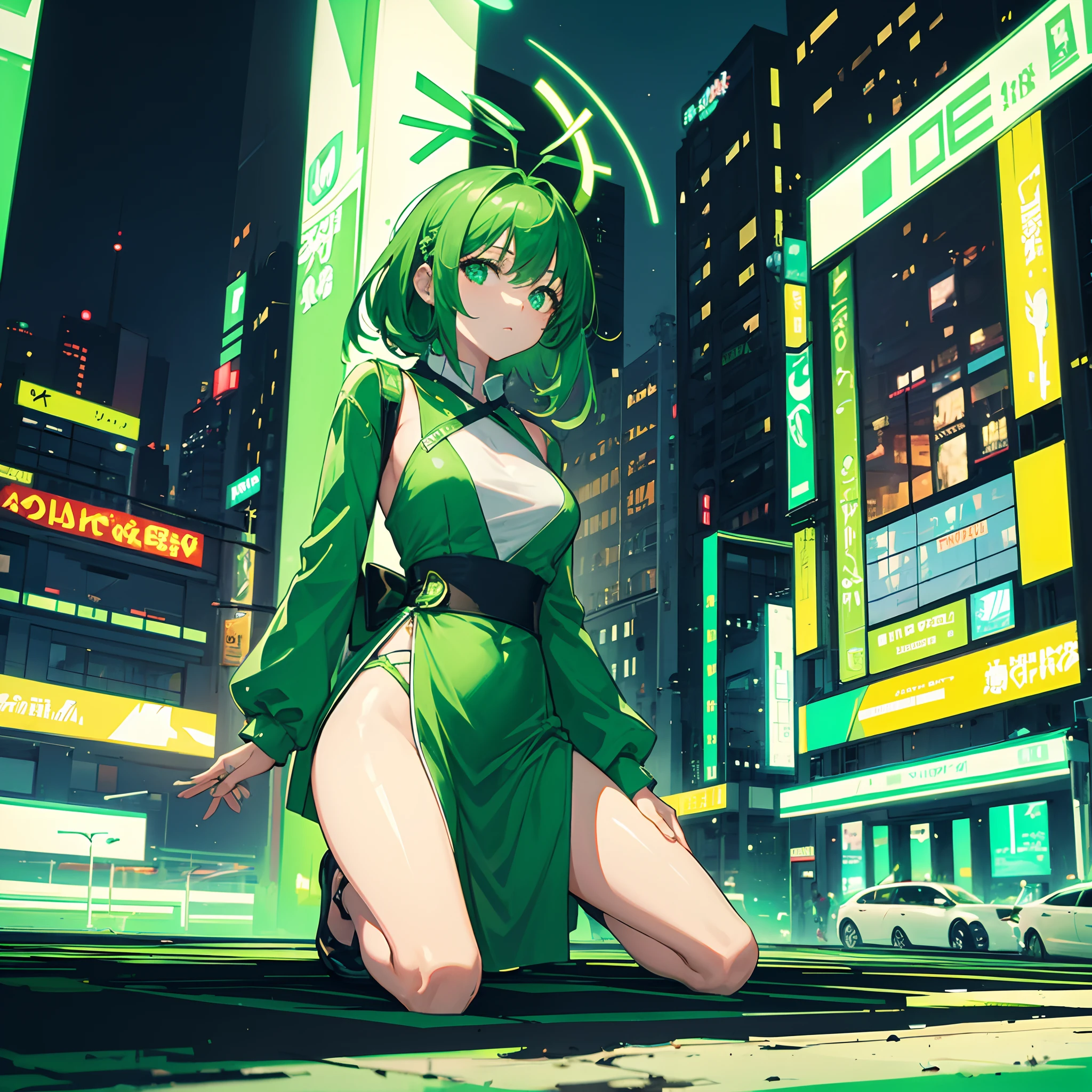 Beautiful girl looks like Billie Eilish, sexy figure, sexy pose, hot clothes, green and black hair, beauty face