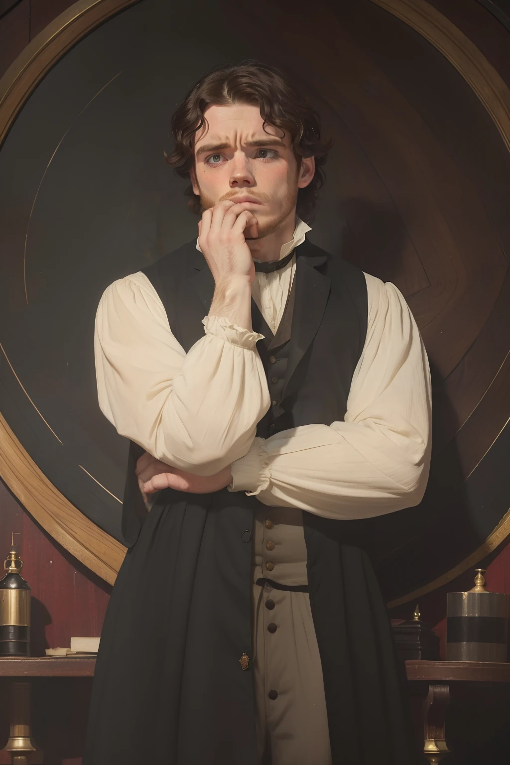 year: 1849. Location: Rock Island, Illinois. Pre-Raphaelite scene with a 31-year-old Richard Madden, sad, devastated, crying, horror expression, covering his mouth, ((((Clothing from the 1840s)))) ((Hairstyle of the 1840s)), ((("OMITB" cinematography)))