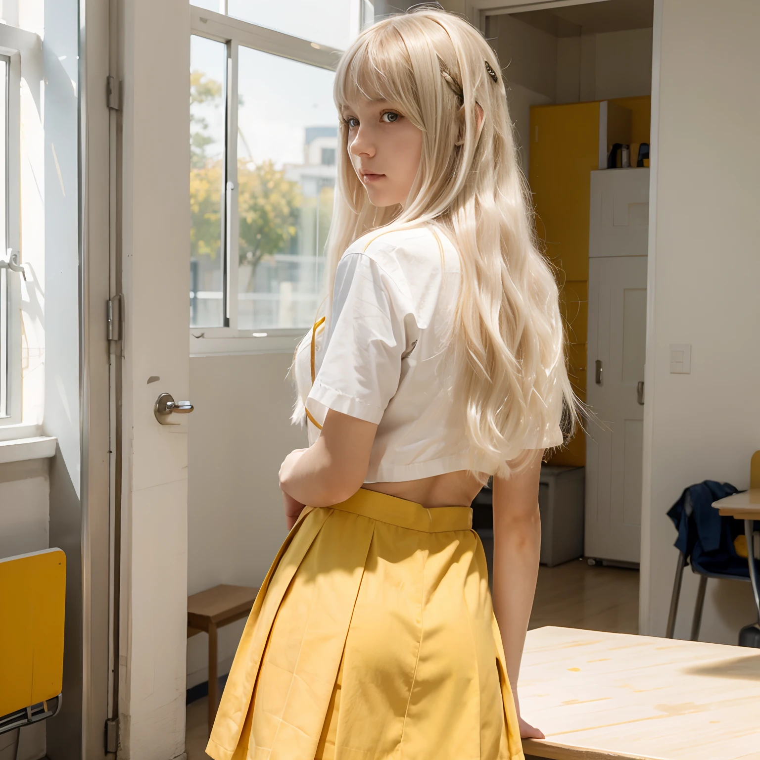 1 female, slender build, small breasts, long wavy white hair with messy bangs, amber yellow eyes, back to viewer, wearing a school uniform