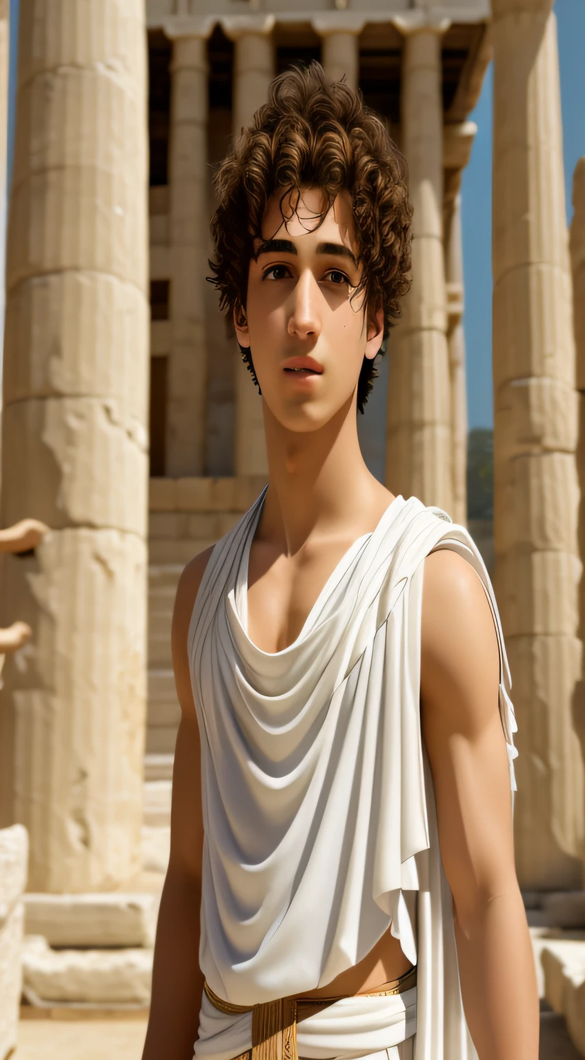 arafed male in a white dress standing in front of a building, young greek man, wearing a toga, greek god, ancient greek style, wearing greek palla, dressed in roman clothes, wearing toga, roman toga, the greek god, greek style, portrait of teenage aphrodite, ancient greek, greek mythology characters, greek goddess