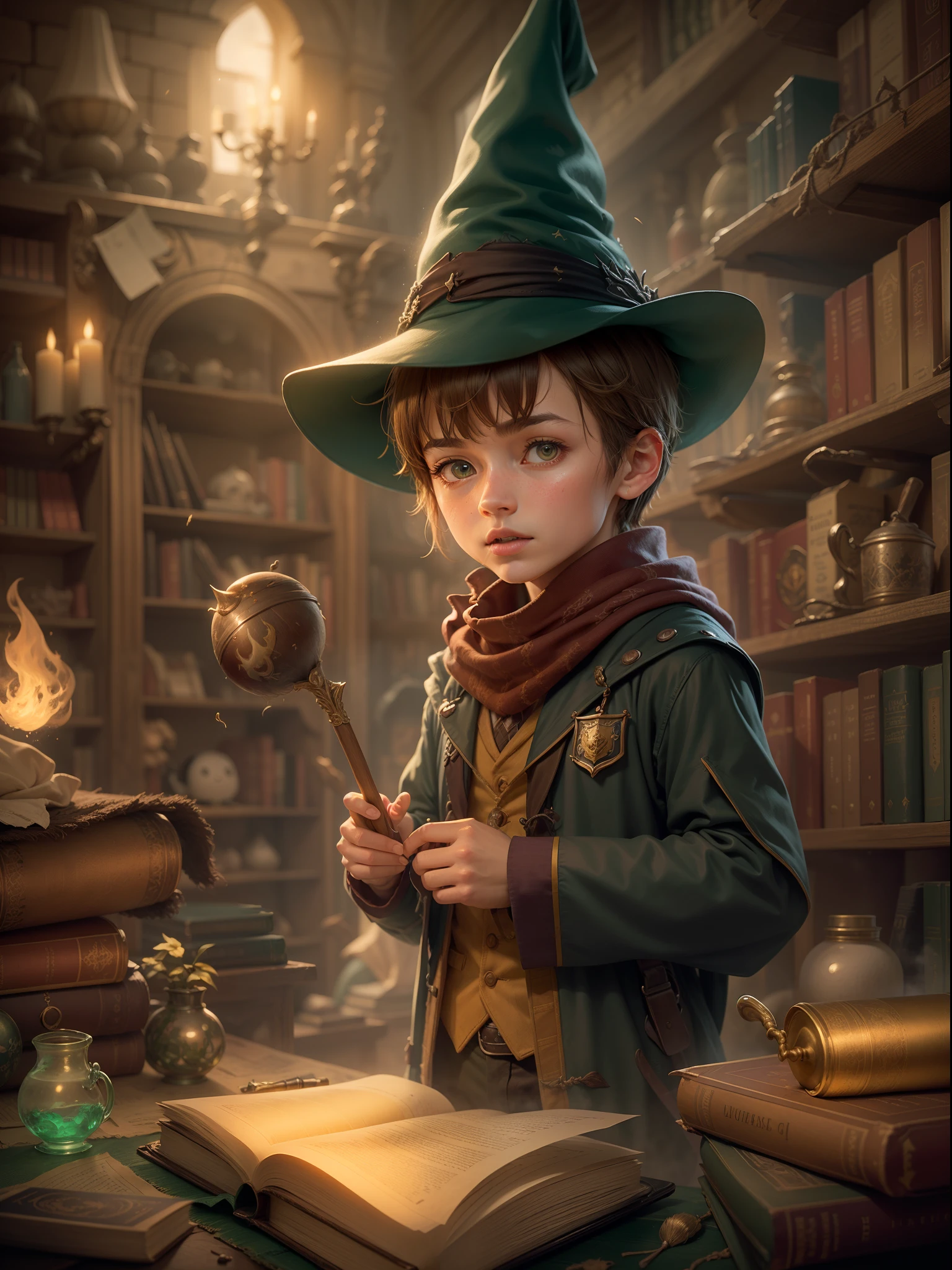 a wizard boy in a magical school, Hogwarts,cloak,a magical wand,playing quidditch with friends,magic spells,spellbook,A magical broomstick,butterbeer,flying on a broomstick,a hidden chamber,meeting Dumbledore,defeating the dark lord Voldemort,magical creatures like dragons and phoenixes,friendly ghosts,enchanted castle,sorting hat,learning potions and charms,exciting adventures,heroic battles,loyal friendships,luminous landscapes,mystical atmosphere,(best quality,ultra-detailed:1.2),(realistic:1.37),vivid colors,bokeh,illuminating light