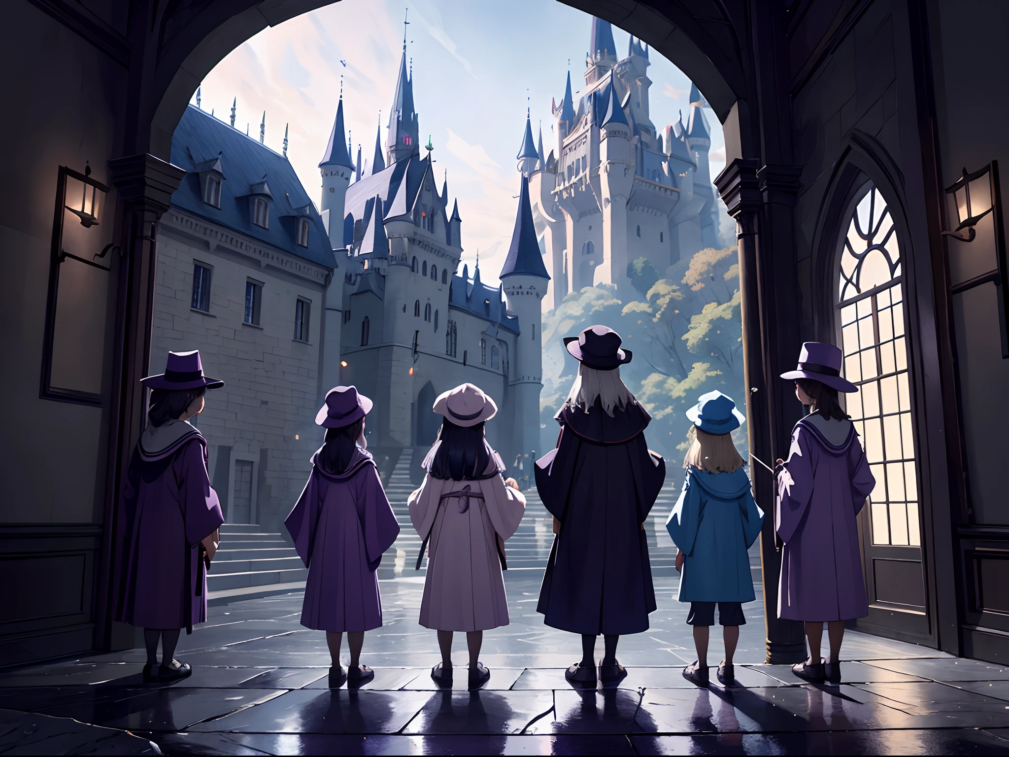 A group of children wearing robes and hats, holding wands and books, standing in front of a castle-like school of magic, Back shot, best quality, high resolution, 8K, Distant view, Color tones: Pastel colors with a touch of purple and black, Lighting: Soft and warm natural light, creating a serene atmosphere