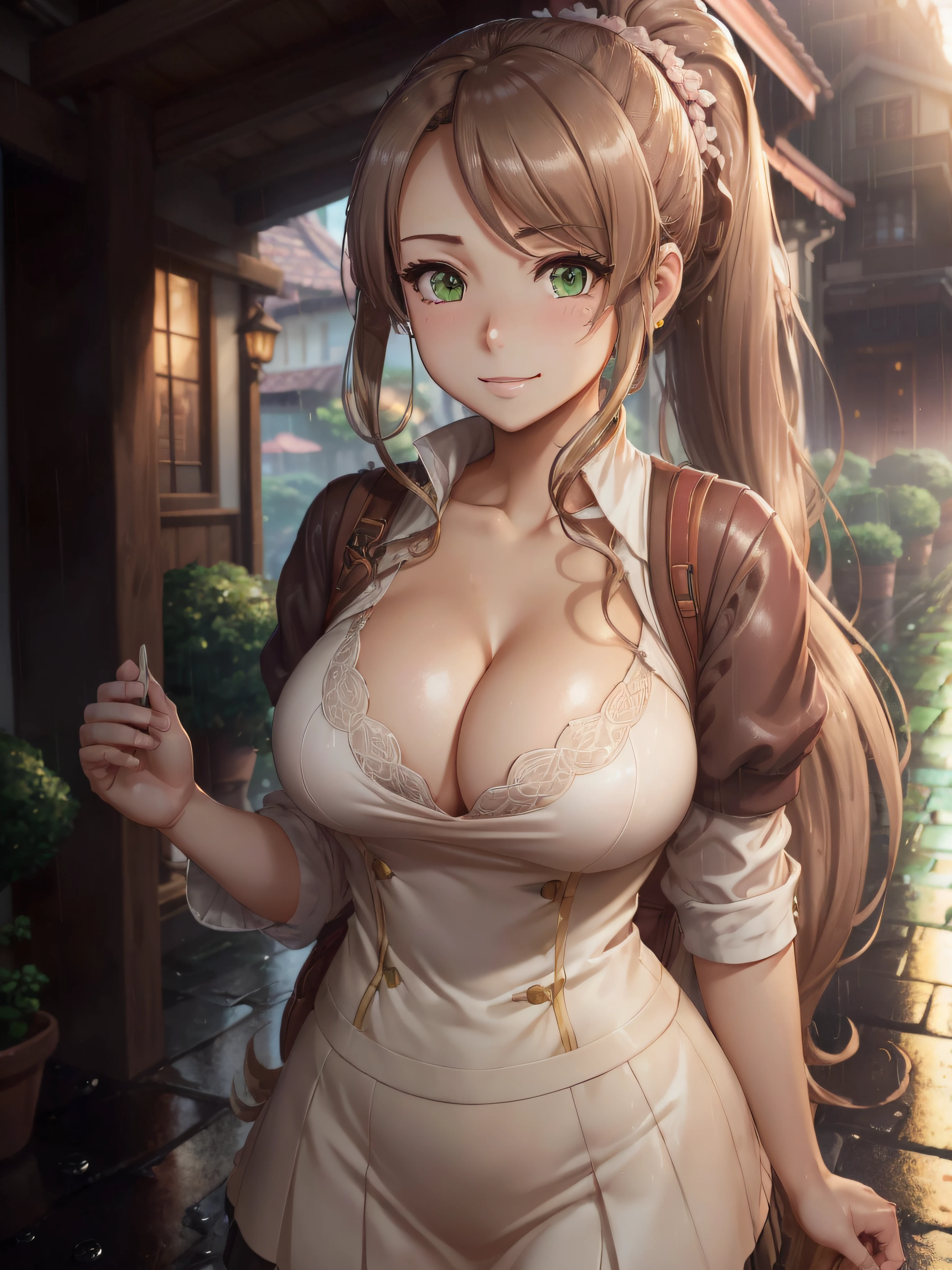 masutepiece, Best Quality, Official art, (Highly detailed CG Unity 8k wallpaper), Detailed background, (hand of Guido Daniele: 1.1), foot out of frame, One-person viewpoint, 1, Attractive and perfect beautiful woman, Schoolgirl, nffsw, Schoolgirl Uniform, rainy day, Lots of rain, Windy, (Curvaceous), ( White thighs: 1.12), (Brown Long Hair: 1.12), (Ahoge (1.13), (High Ponytail: 1.12), (Green eyes: 1.13), Big, (cleavage), Beautiful face, (blush: 1.11), (Smile: 1.11) --auto