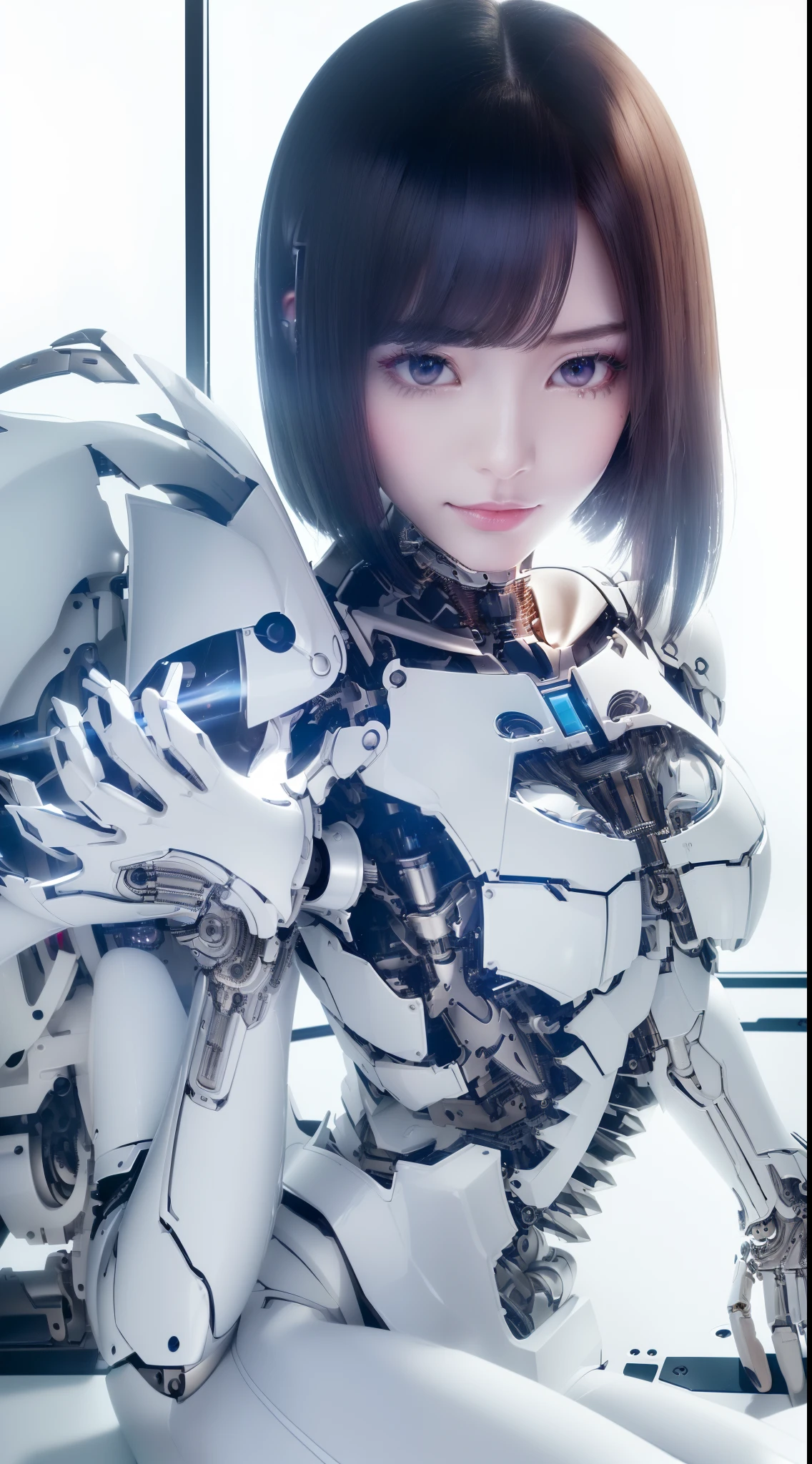 Wide-angle shot, 1 female, Mecha, Glowing black eyes, Very cute face, (Realistic:1.37), バイオMechaニカル, Spaceship interior bokeh background, Ultra-realistic, Very detailed, Very intricate details, Beautiful woman in focus、