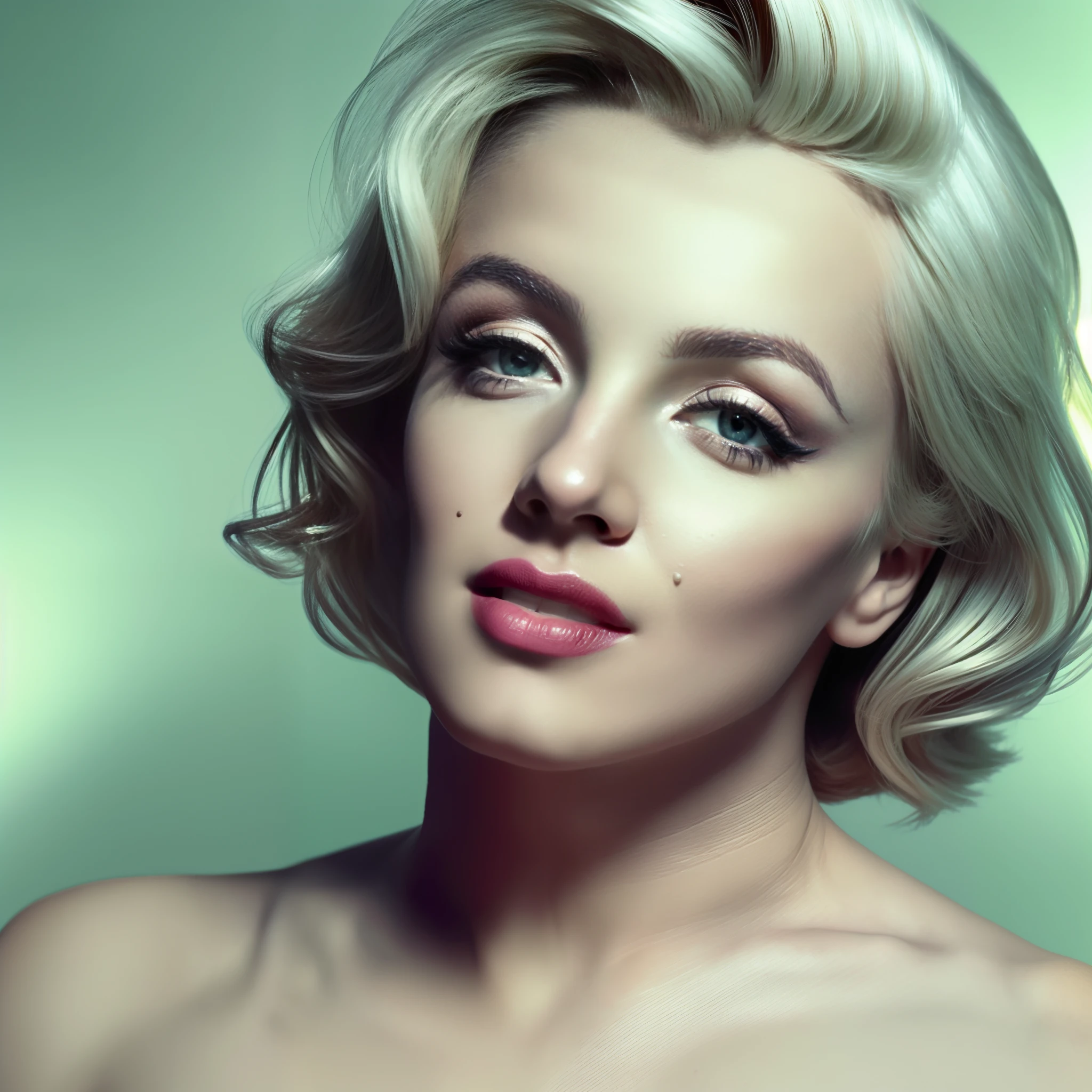 (Raw photo:1.2), (Photorealistic:1.4), Beautiful detailed girl, Highly detailed eyes and face, Beautiful detailed eyes, Marilyn_Monroe portrait photo. blonde, 1mole on face, green_eyes, red lips. High details. ultra high res.photorealistic:.1.4,UHD, (((Masterpiece))), highest quality, ultra-detailed CG unity in 8K wallpaper, exquisite illustration, ethereal and captivating, high-resolution, dynamic angle, dynamic pose