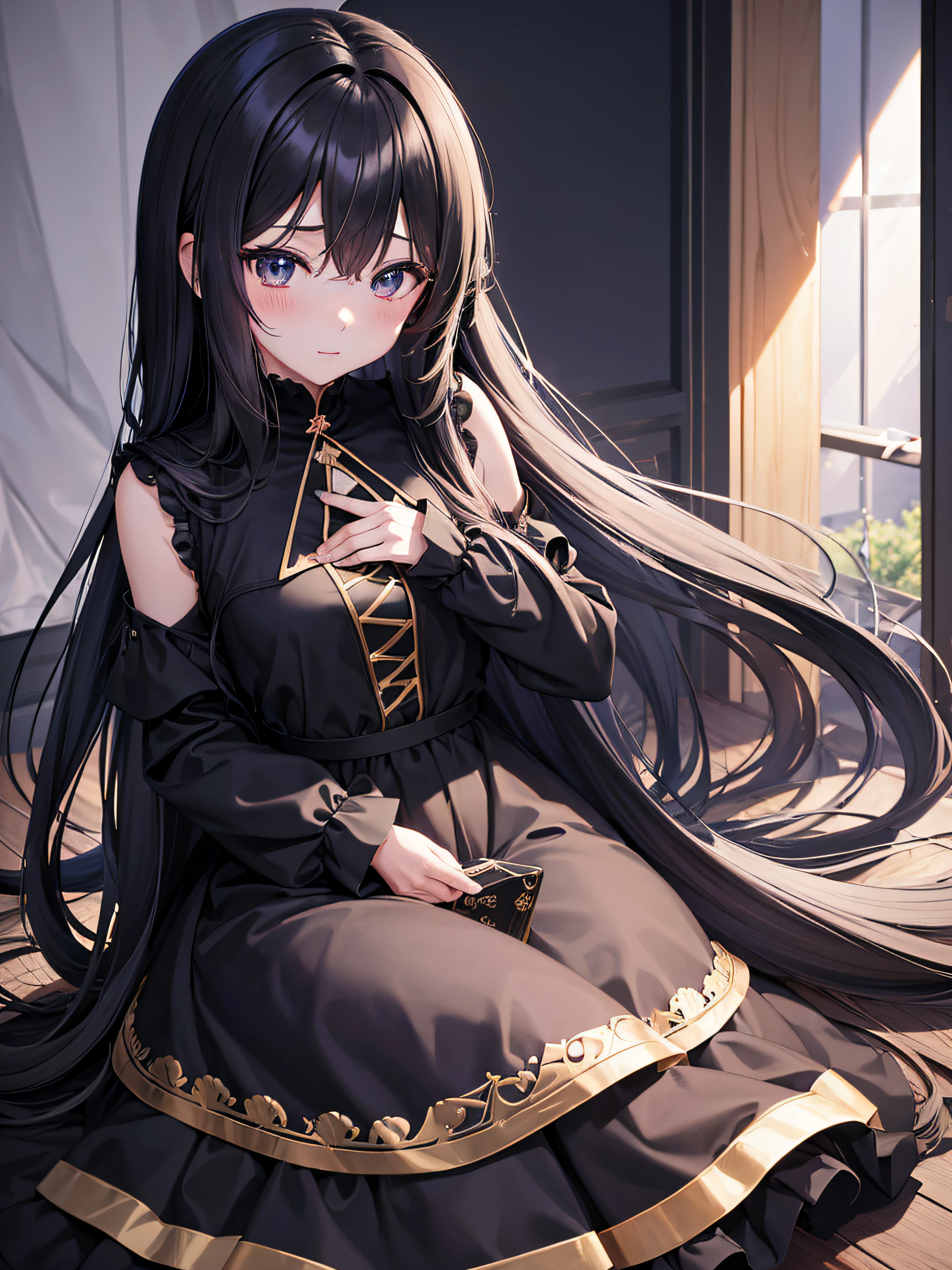 anime girl with long hair and black dress posing for picture, sayori, Anime visuals of cute girls, anime moe art style, loli in dress, anime girl wearing a black dress, pretty anime girl, (Anime Girl), Cute anime girl, Cute anime waifu in a nice dress, charming anime girls, Beautiful anime girl, Rin, Smooth Anime CG Art