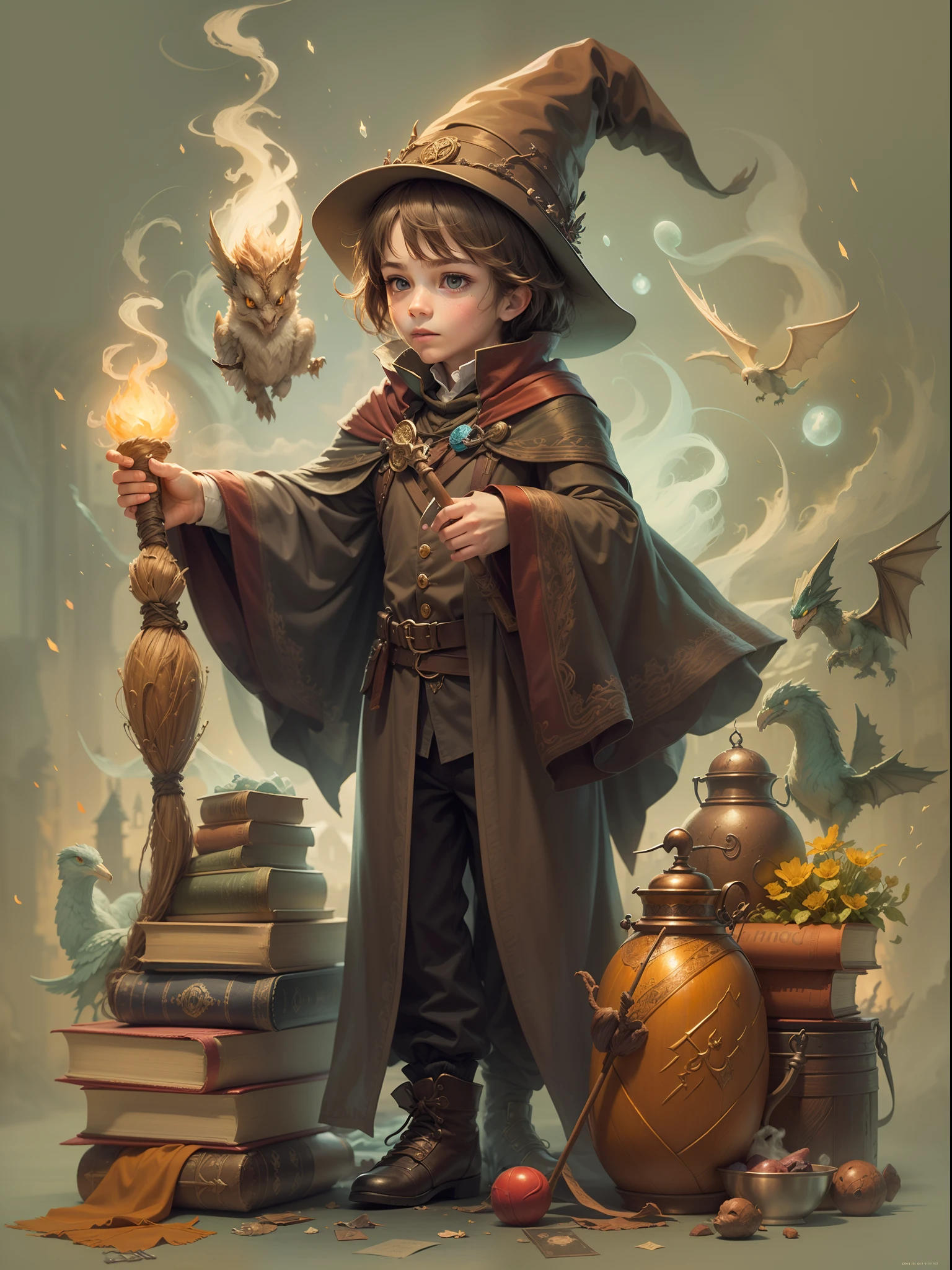 a wizard boy in a magical school, Hogwarts,cloak,a magical wand,playing quidditch with friends,magic spells,spellbook,A magical broomstick,butterbeer,flying on a broomstick,a hidden chamber,meeting Dumbledore,defeating the dark lord Voldemort,magical creatures like dragons and phoenixes,friendly ghosts,enchanted castle,sorting hat,learning potions and charms,exciting adventures,heroic battles,loyal friendships,luminous landscapes,mystical atmosphere,(best quality,ultra-detailed:1.2),(realistic:1.37),vivid colors,bokeh,illuminating light