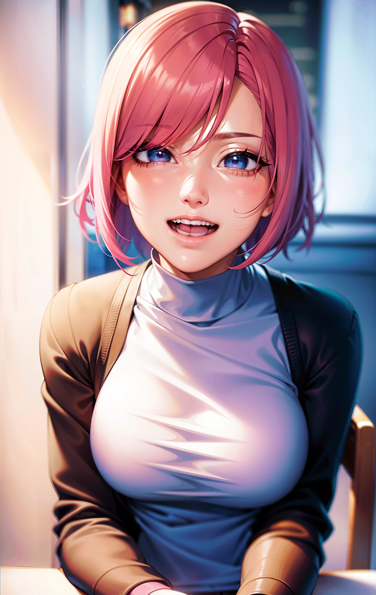 Arafe, with pink hair and a turtleneck sweater, is sitting at a café table, cute girl with short pink hair, photorealistic anime girl render, real life anime girl, realistic anime 3 d style, photorealistic anime, realistic young anime girl, kawaii realistic portrait, 3 d anime realistic, Hyper realistic anime, charming anime girls, With pink hair, With short hair