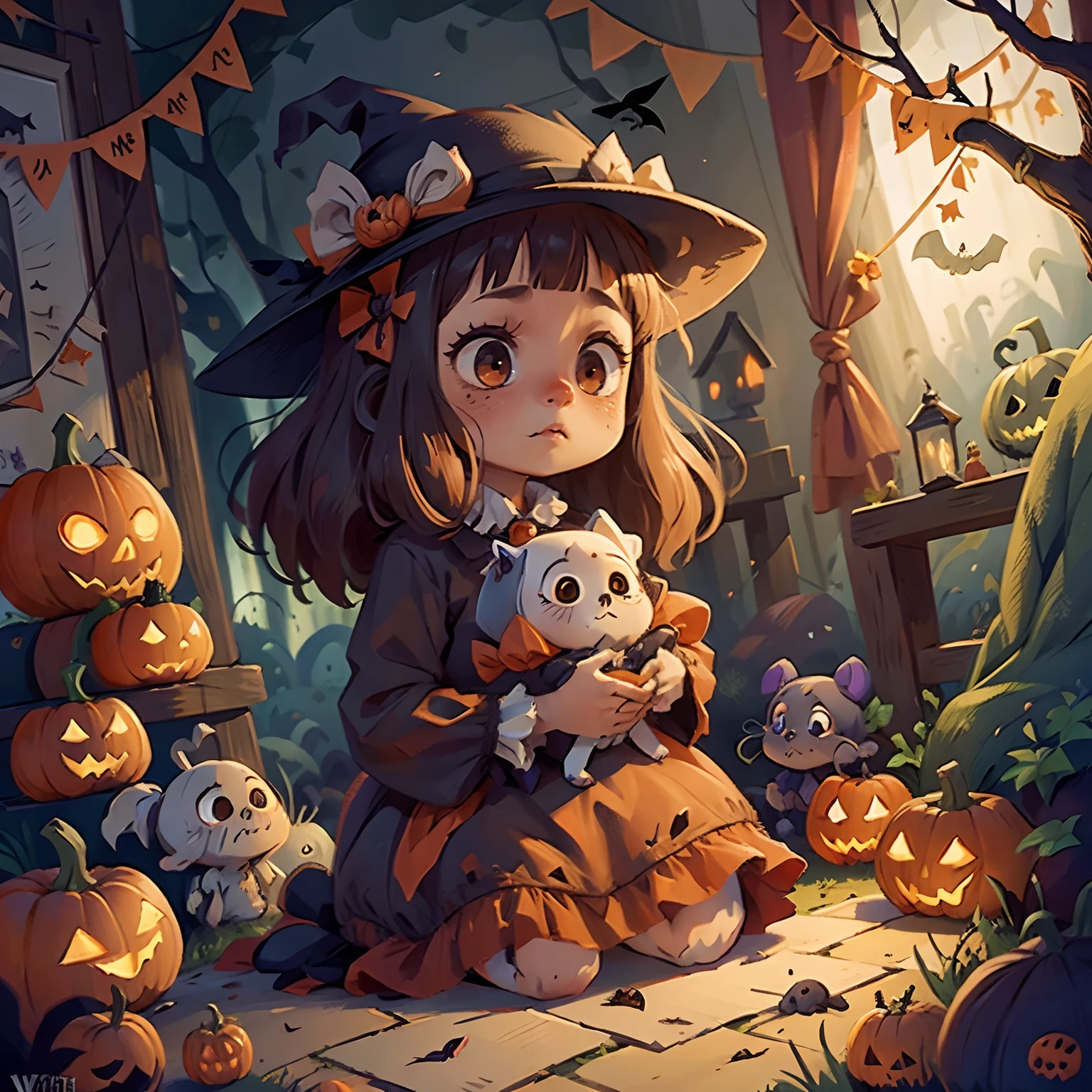 Halloween little girl，Scary pets，Little ghost，pumpkins，skelleton