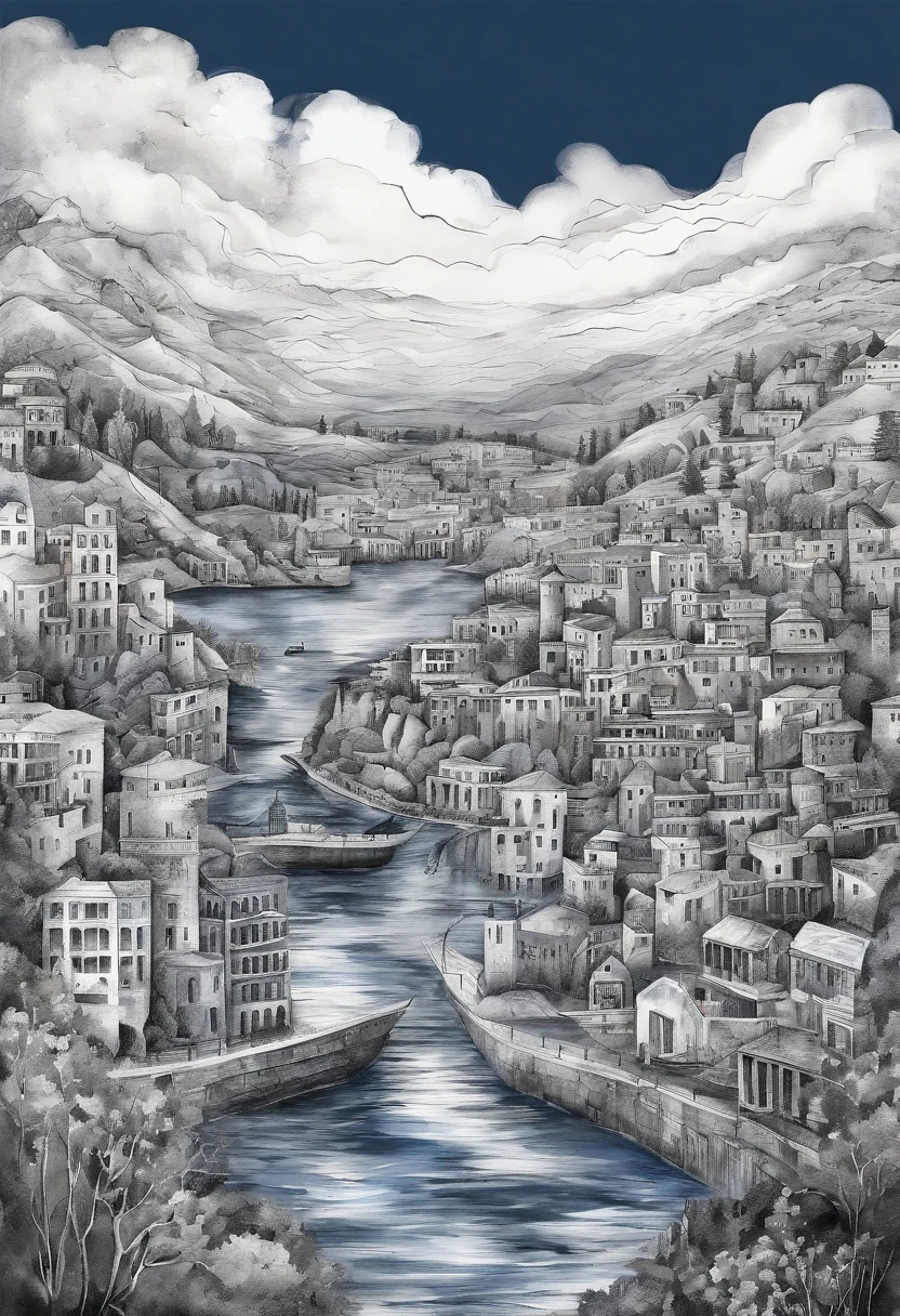White and black photo of the city of blue water, Contemporary collage style, Animated GIFs, album covers, Fluid, high detal, Yankeeko, Relief