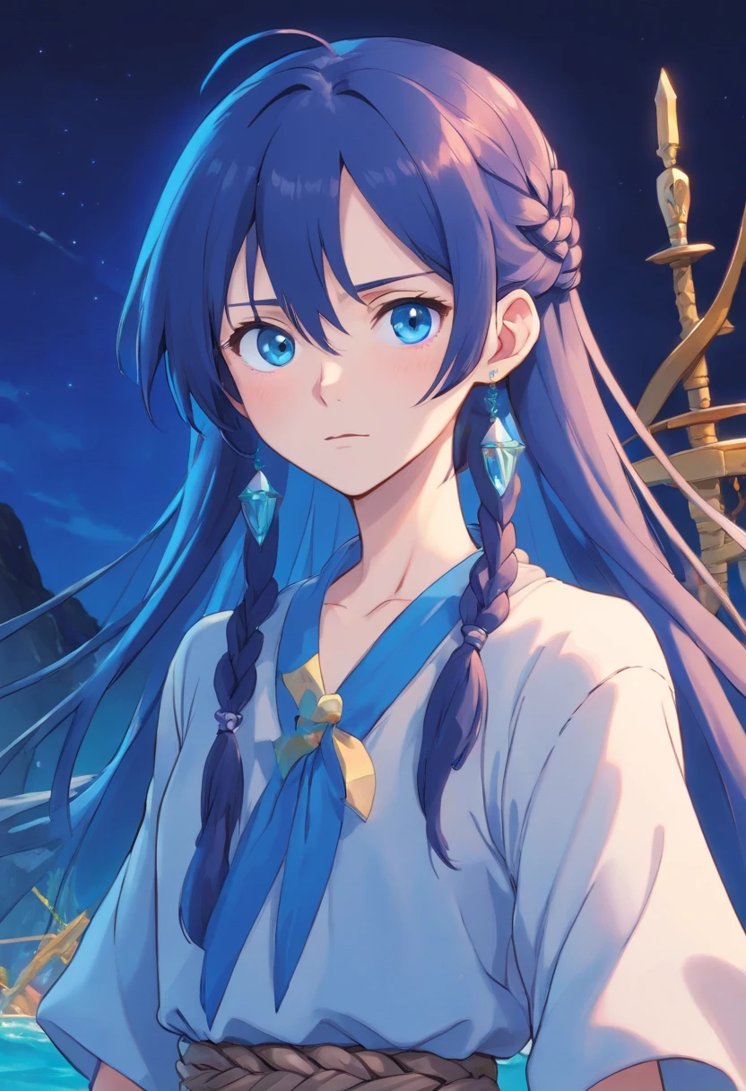 Pale man in his 20s, dark blue long hair in ponytail, single part of hair braided, blue eyes, half lidded, high quality, anime artstyle, flowy pirate clothes, tall, skinny, blue crystals on face.