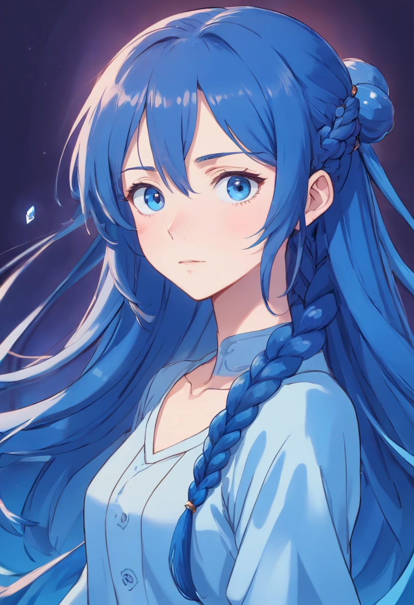 Pale man in his 20s, dark blue long hair in ponytail, single part of hair braided, blue eyes, half lidded, high quality, anime artstyle, flowy pirate clothes, tall, skinny, blue crystals on face.