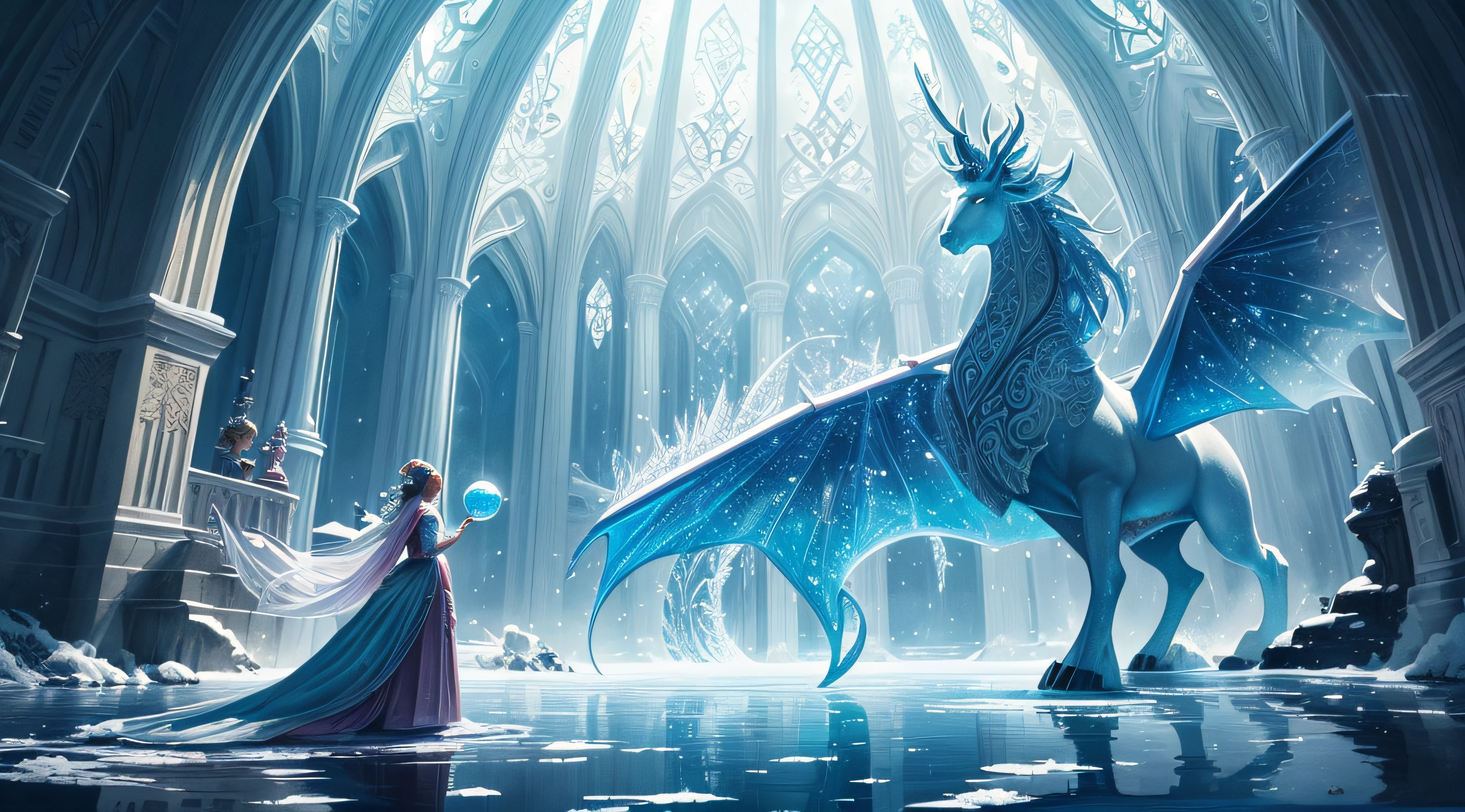 (high quality, fancy, beautiful detailed illustration, digital painting). 2 students (1.2) compete in a magical duel at the school of magic in the ice: splendid and frosted buildings: large entrance in the form of a frost arch, breathtaking architecture, enchanted ice, mythical creatures, ice dragons, magic spells, enchanting atmosphere, sparkling crystals, mysterious books, luminous orbs, whimsical flowers, golden rays of the sun filtering through the water, vibrant colors, ethereal beauty, sprigs of magic in the air, deep sense of wonder, impressive level of detail,Epic fantasy setting, captivating audience, captivating journey, impressive visuals, masterpiece: 1.2