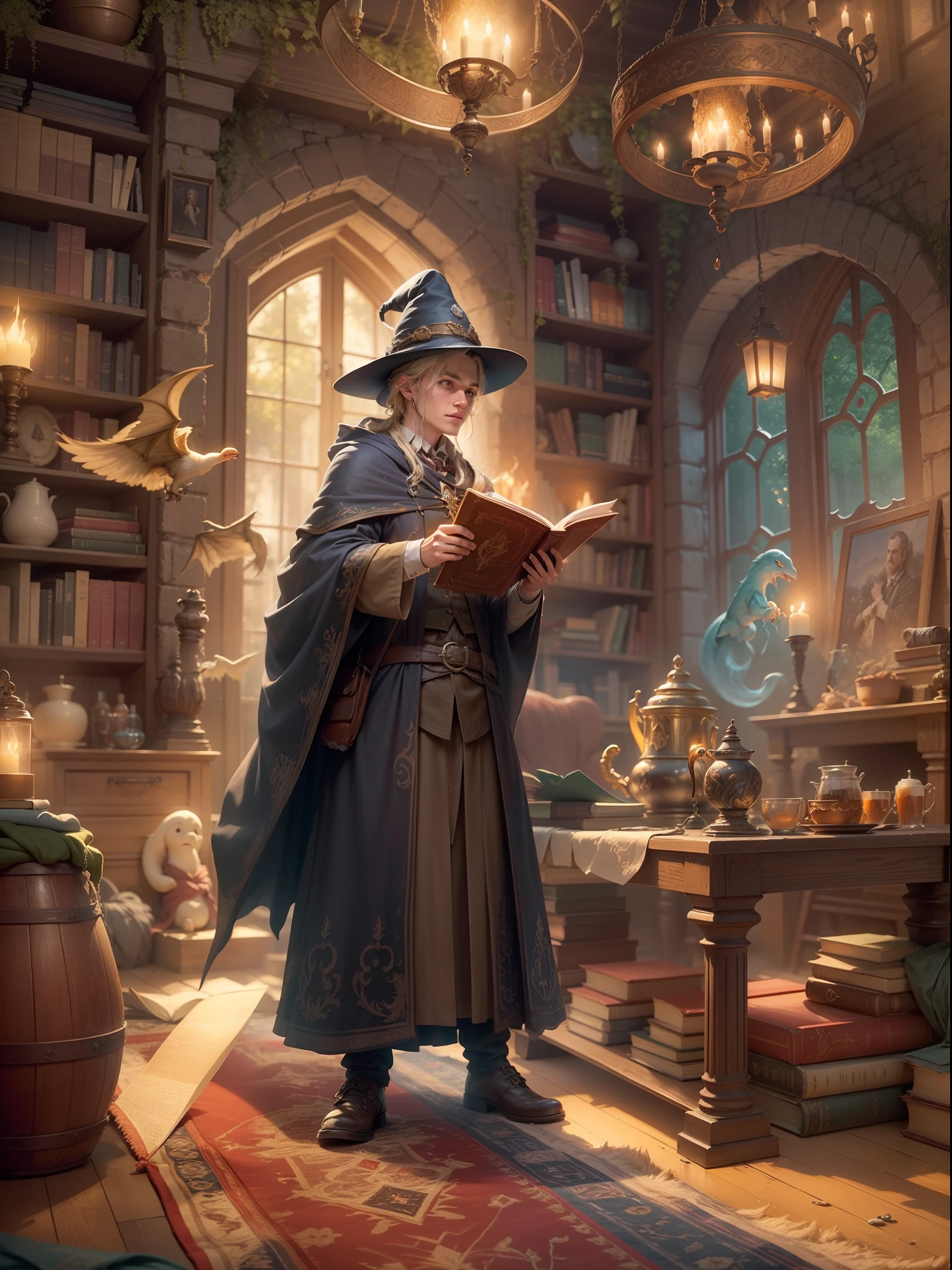 a wizard boy in a magical school, Hogwarts,cloak,a magical wand,playing quidditch with friends,magic spells,spellbook,A magical broomstick,butterbeer,flying on a broomstick,a hidden chamber,meeting Dumbledore,defeating the dark lord Voldemort,magical creatures like dragons and phoenixes,friendly ghosts,enchanted castle,sorting hat,learning potions and charms,exciting adventures,heroic battles,loyal friendships,luminous landscapes,mystical atmosphere,(best quality,ultra-detailed:1.2),(realistic:1.37),vivid colors,bokeh,illuminating light